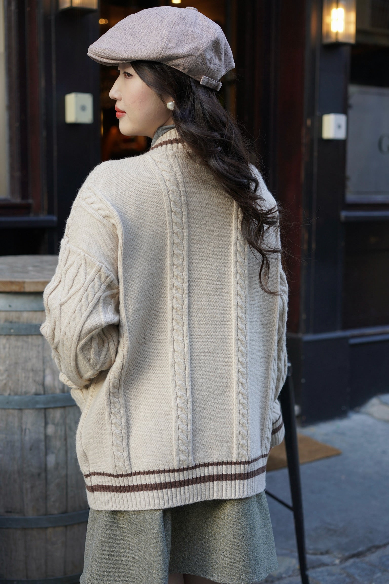 Holmesian Cat Varsity Cardigan (Latte)