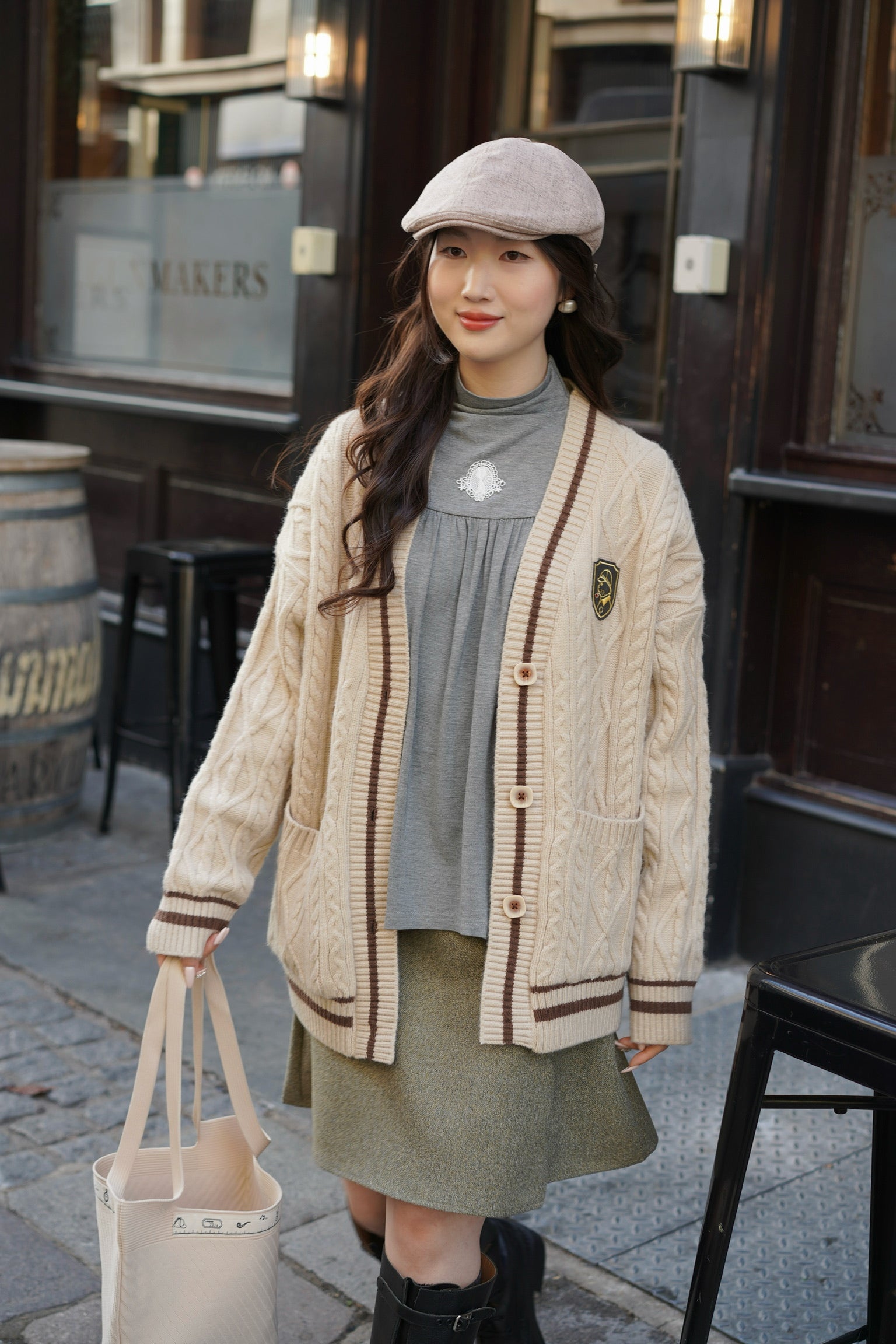 Holmesian Cat Varsity Cardigan (Latte)