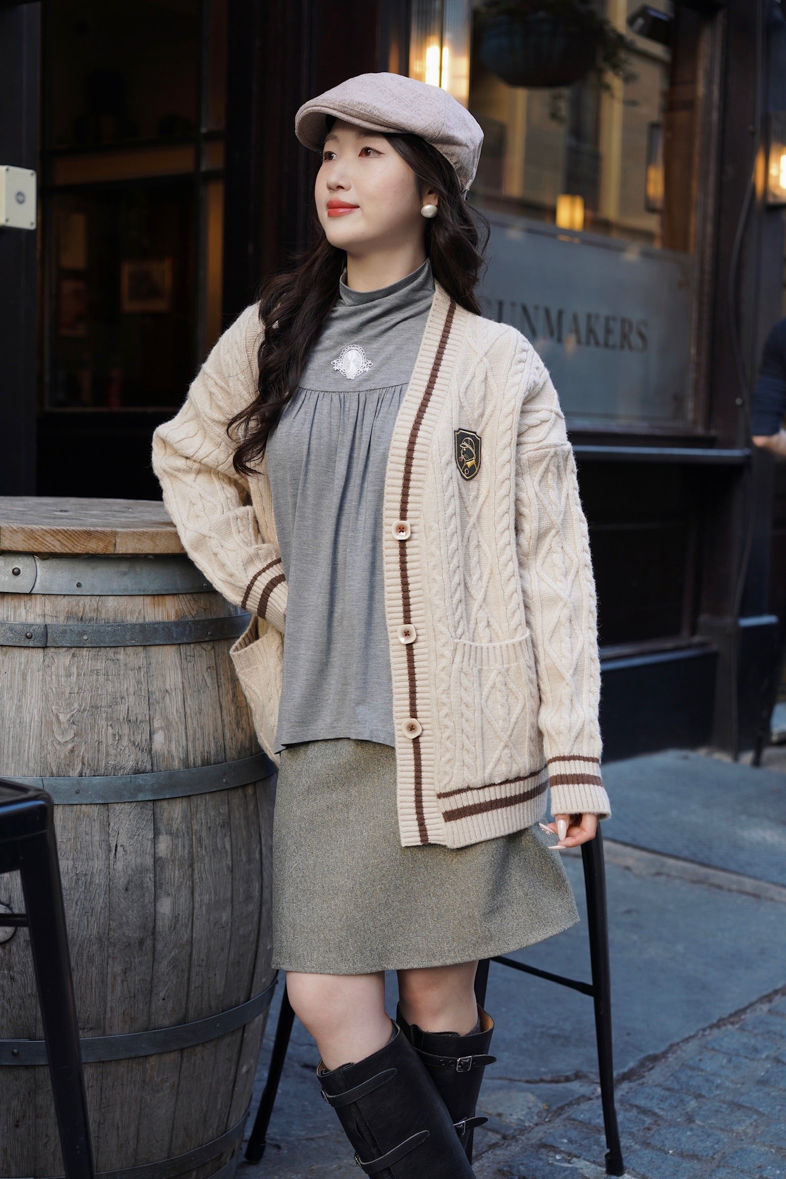 Holmesian Cat Varsity Cardigan (Latte)