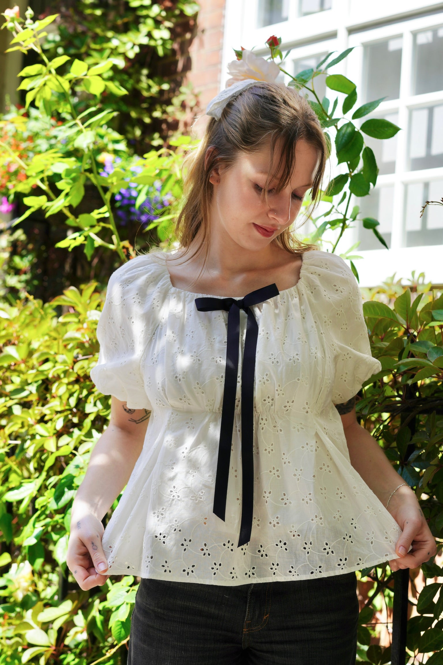 Jane Babydoll Cotton Top With Scrunchie (White)