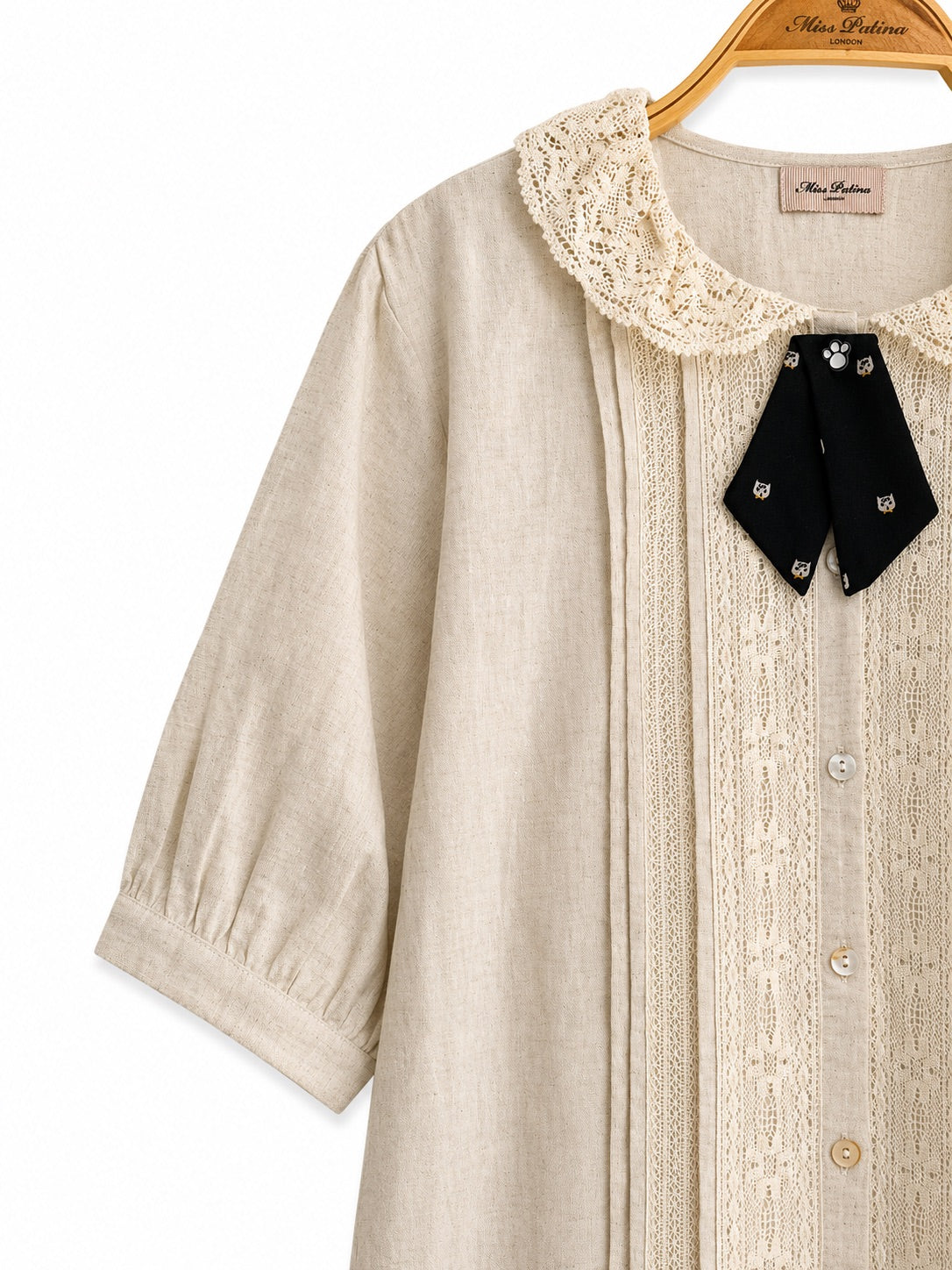 Kitty Bow Lace Linen Shirt (Ecru)