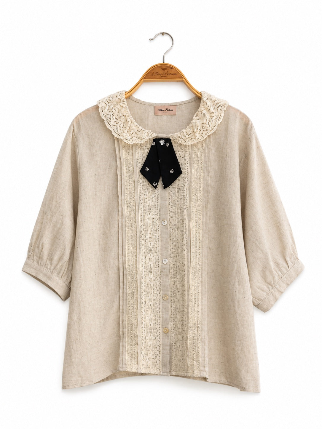Kitty Bow Lace Linen Shirt (Ecru)