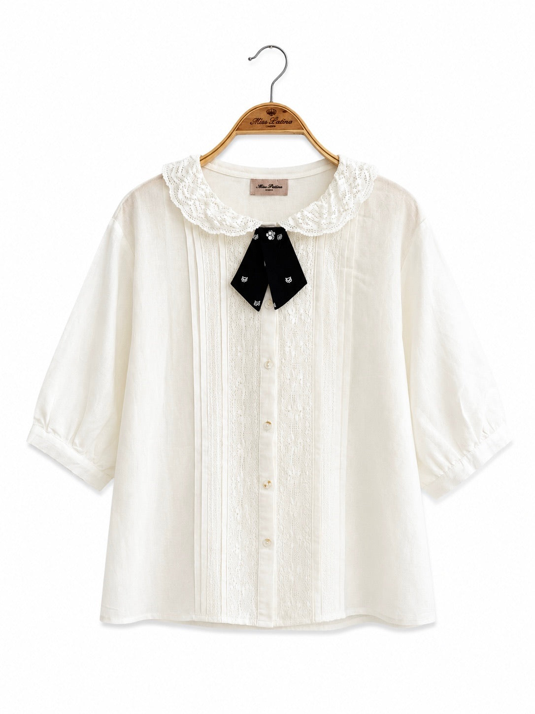 Kitty Bow Lace Linen Shirt (White)