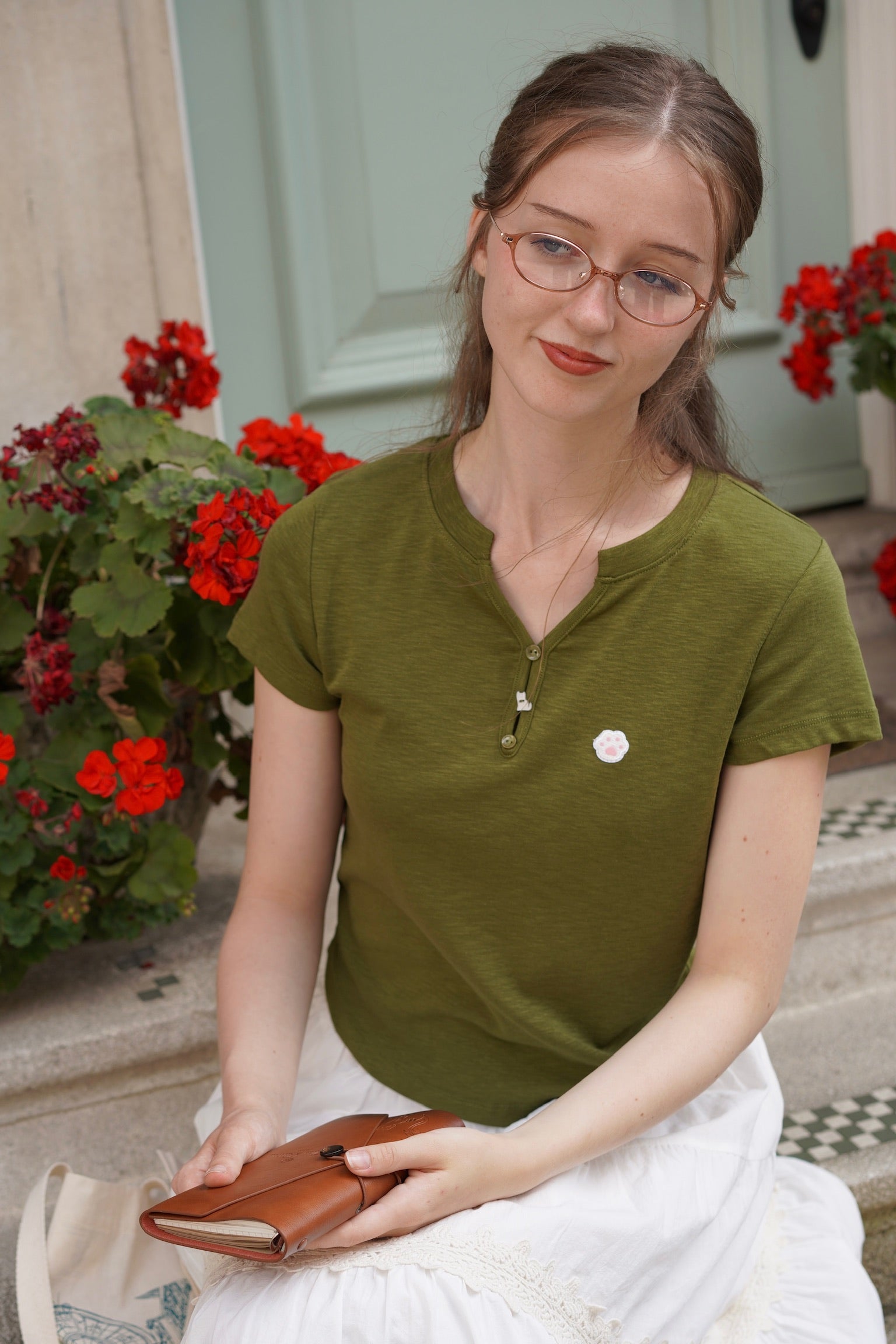 Kitty Paw Henley Cotton Tee(Olive Green)