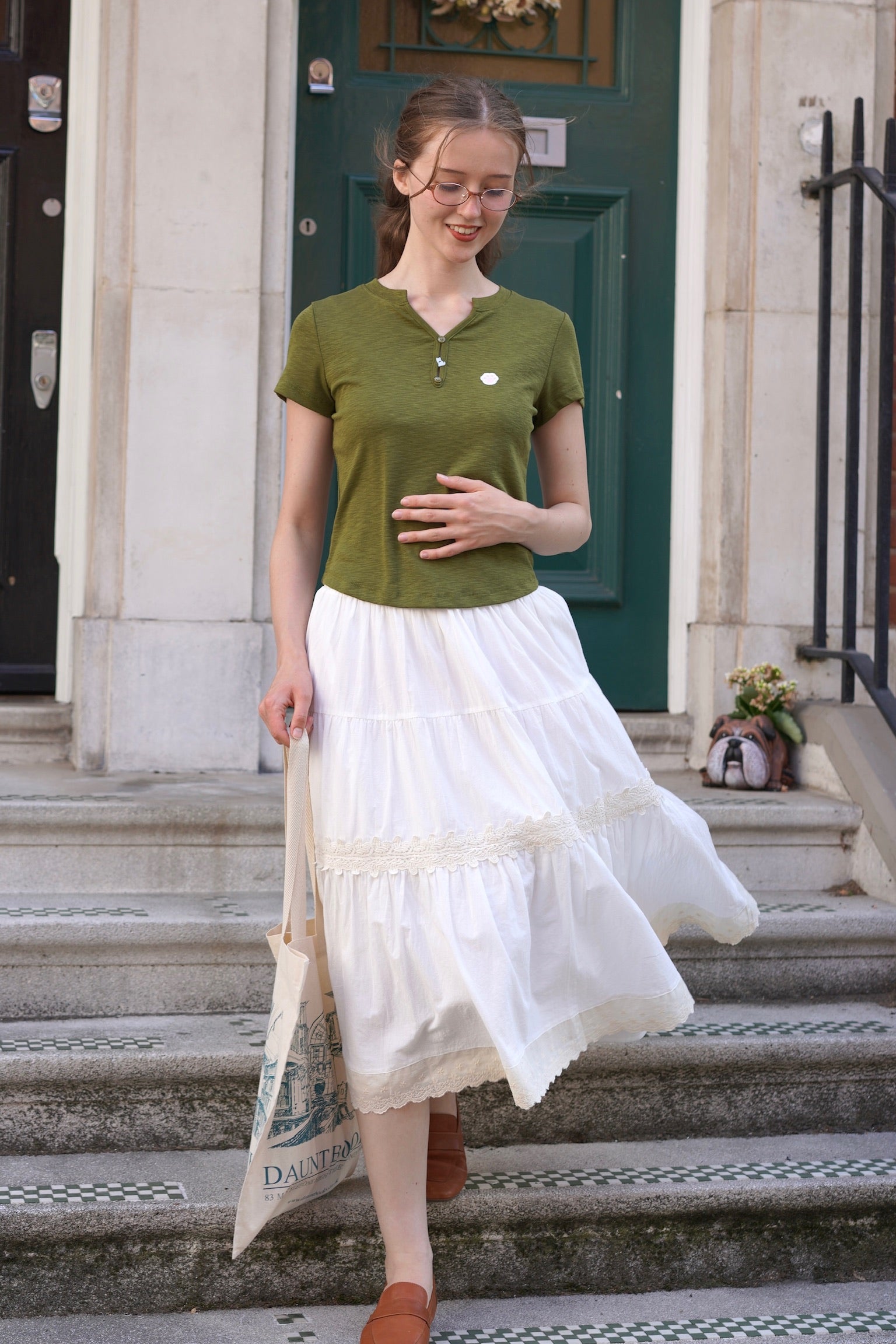 Kitty Paw Henley Cotton Tee(Olive Green)