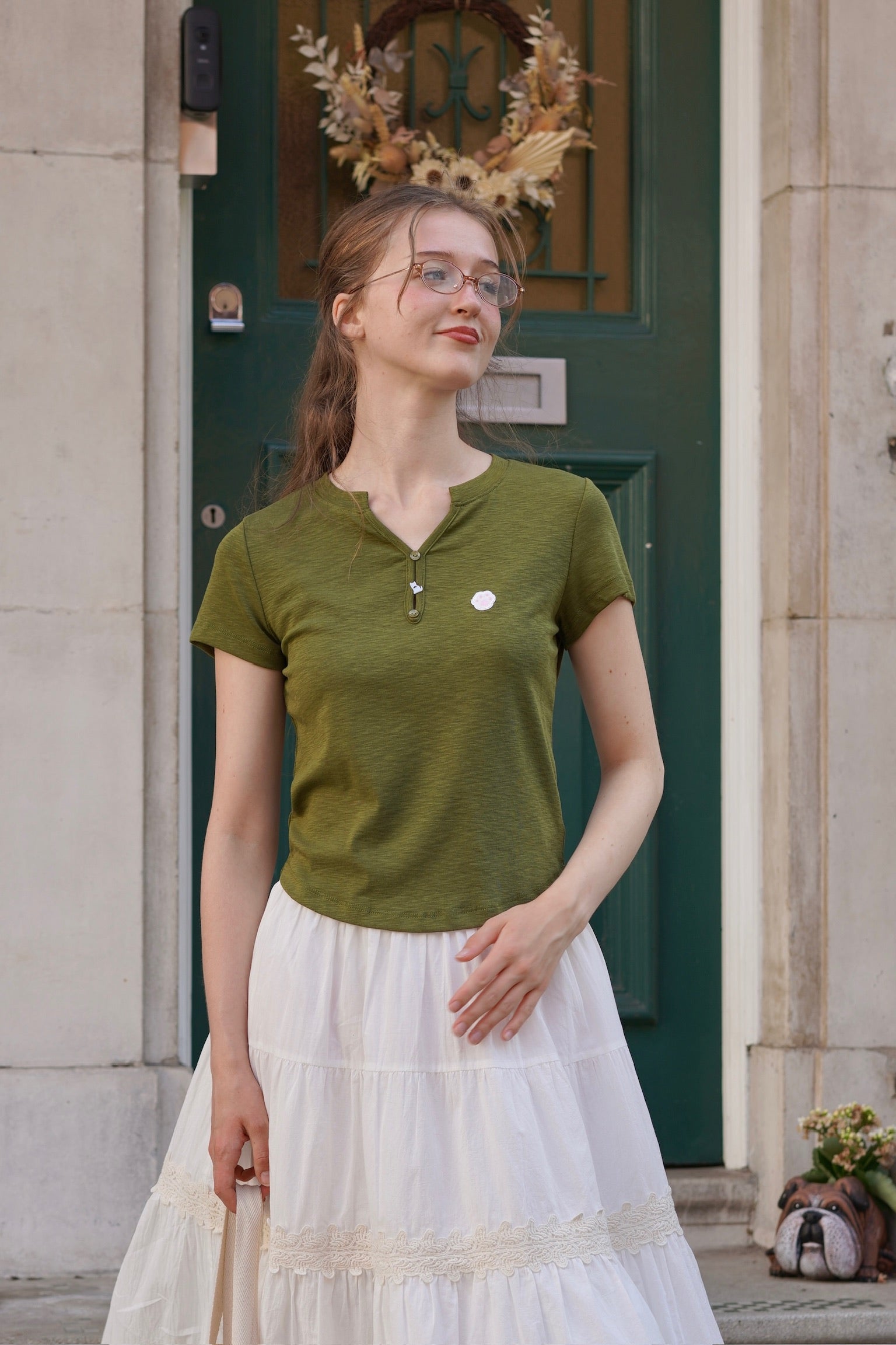 Kitty Paw Henley Cotton Tee(Olive Green)