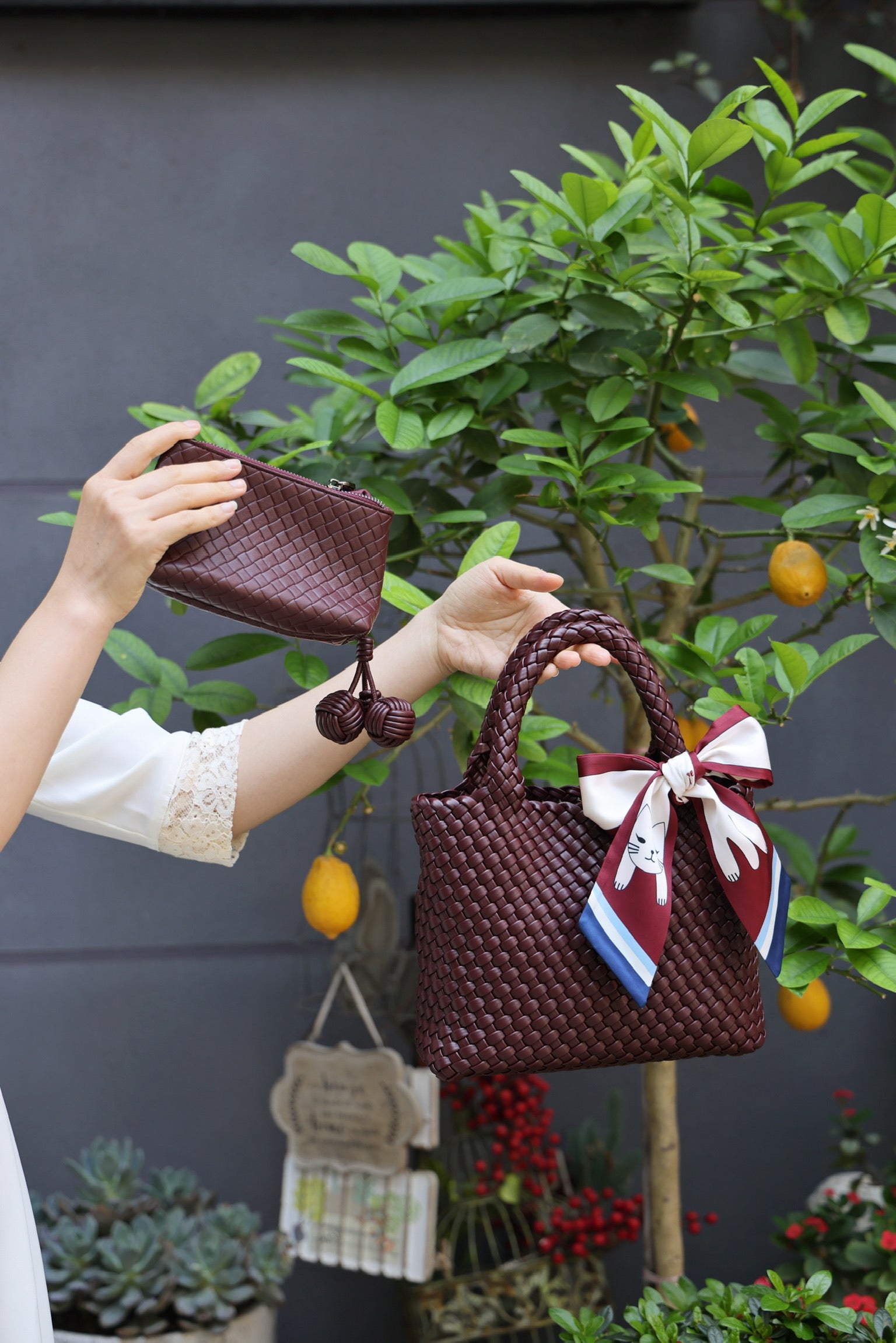 Kitty Scarf Leather Woven Tote Bag