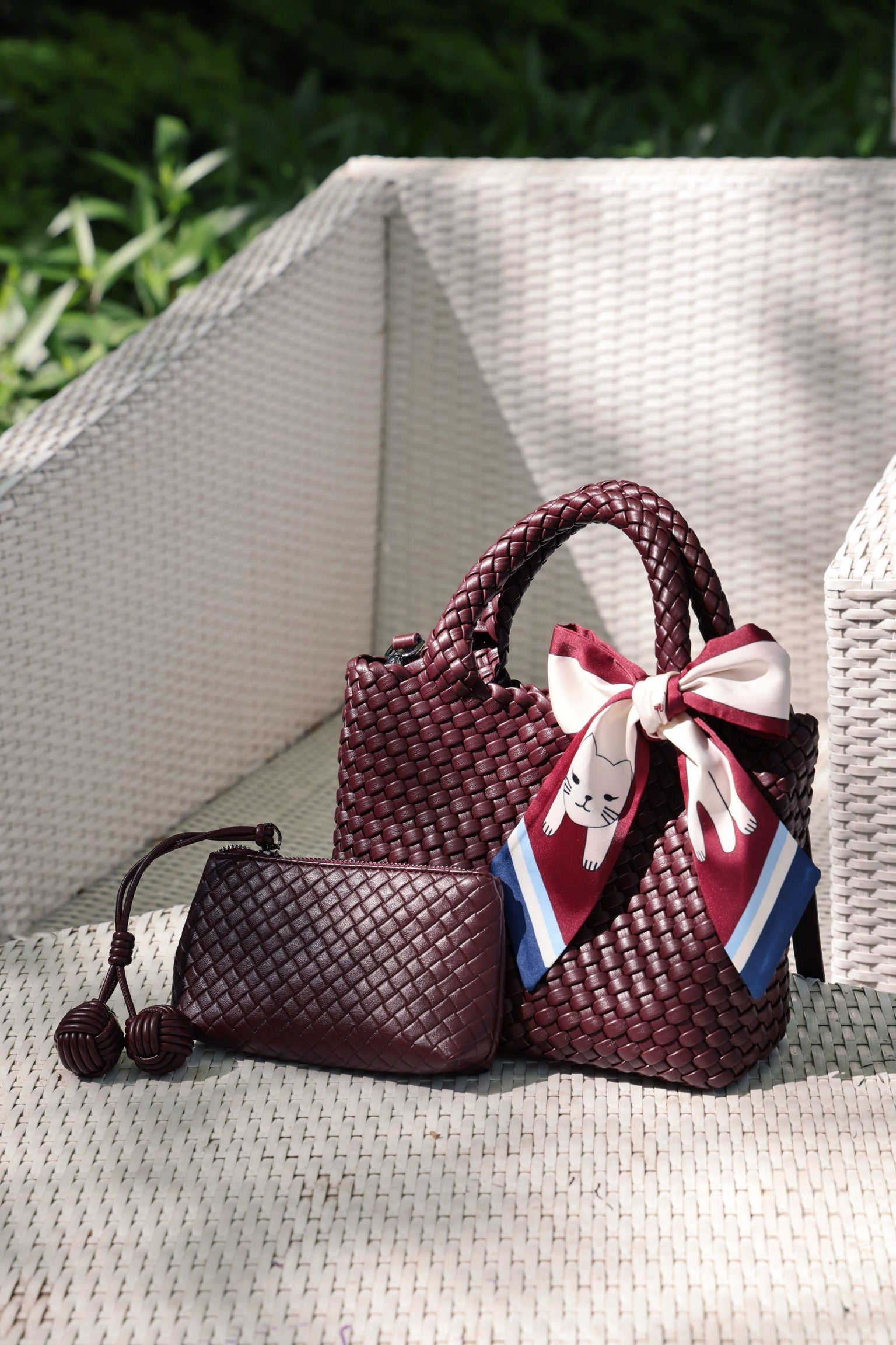 Kitty Scarf Leather Woven Tote Bag