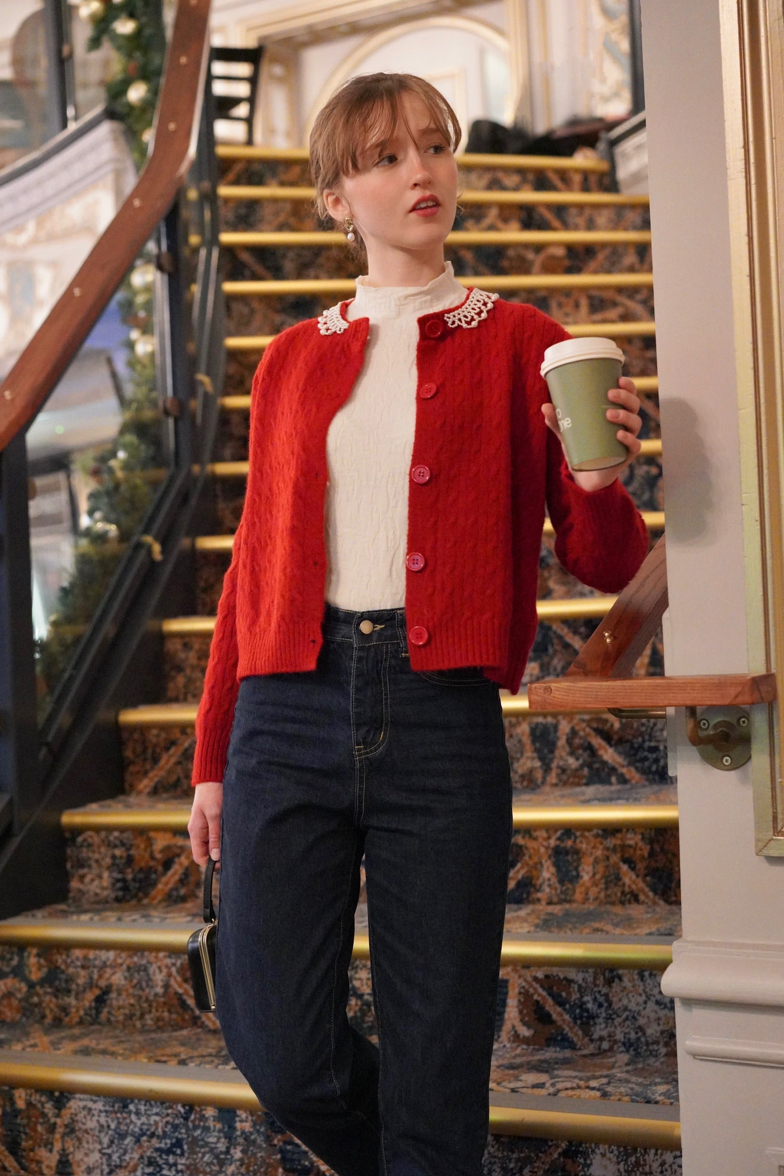 Lady Pearl Cable Cardigan (Berry Red)