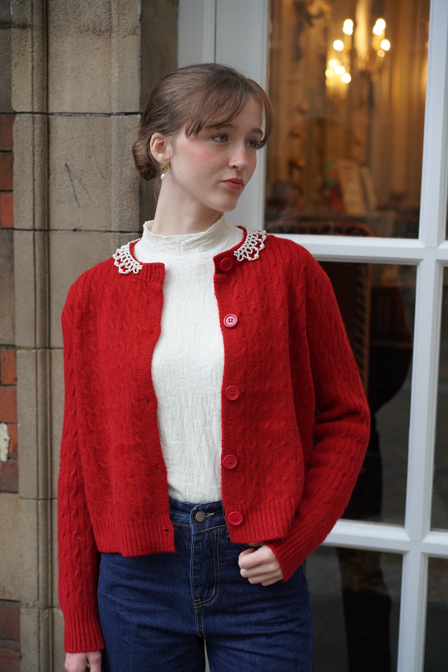 Lady Pearl Cable Cardigan (Berry Red)