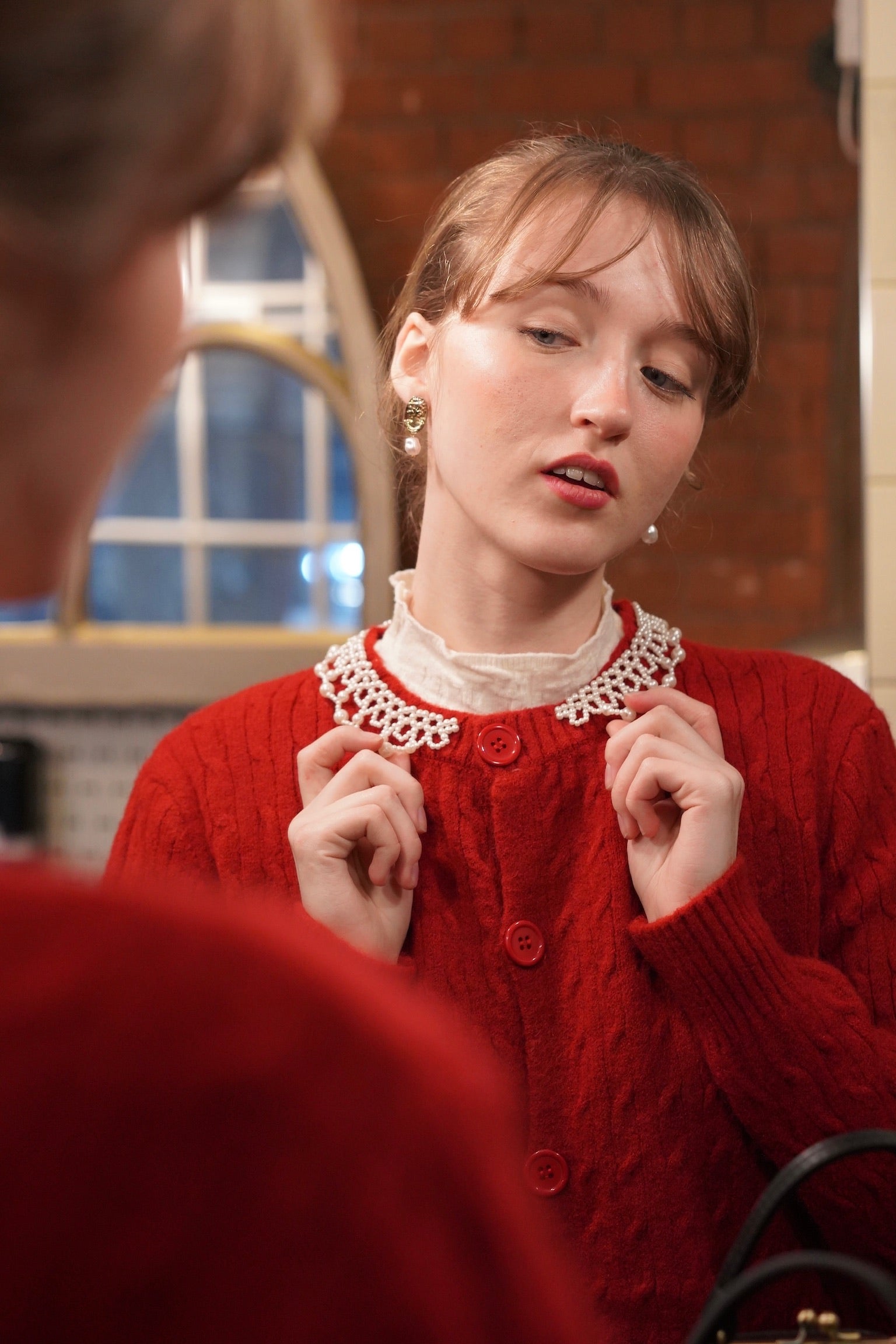 Lady Pearl Cable Cardigan (Berry Red)