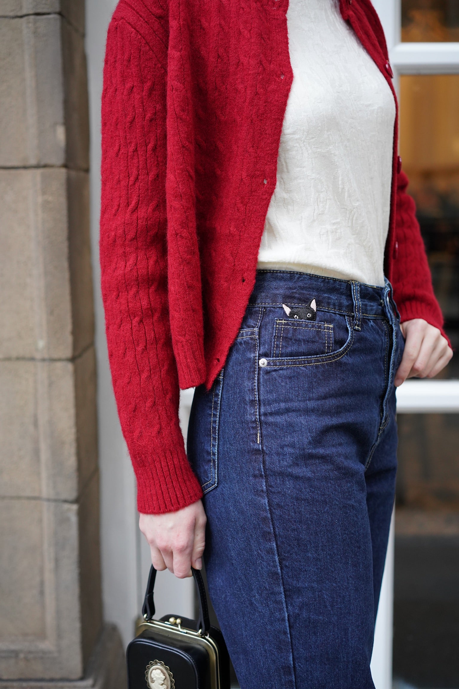 LadyPearlCableCardigan_BerryRed_MeowMeowHighRiseJeans6.jpg