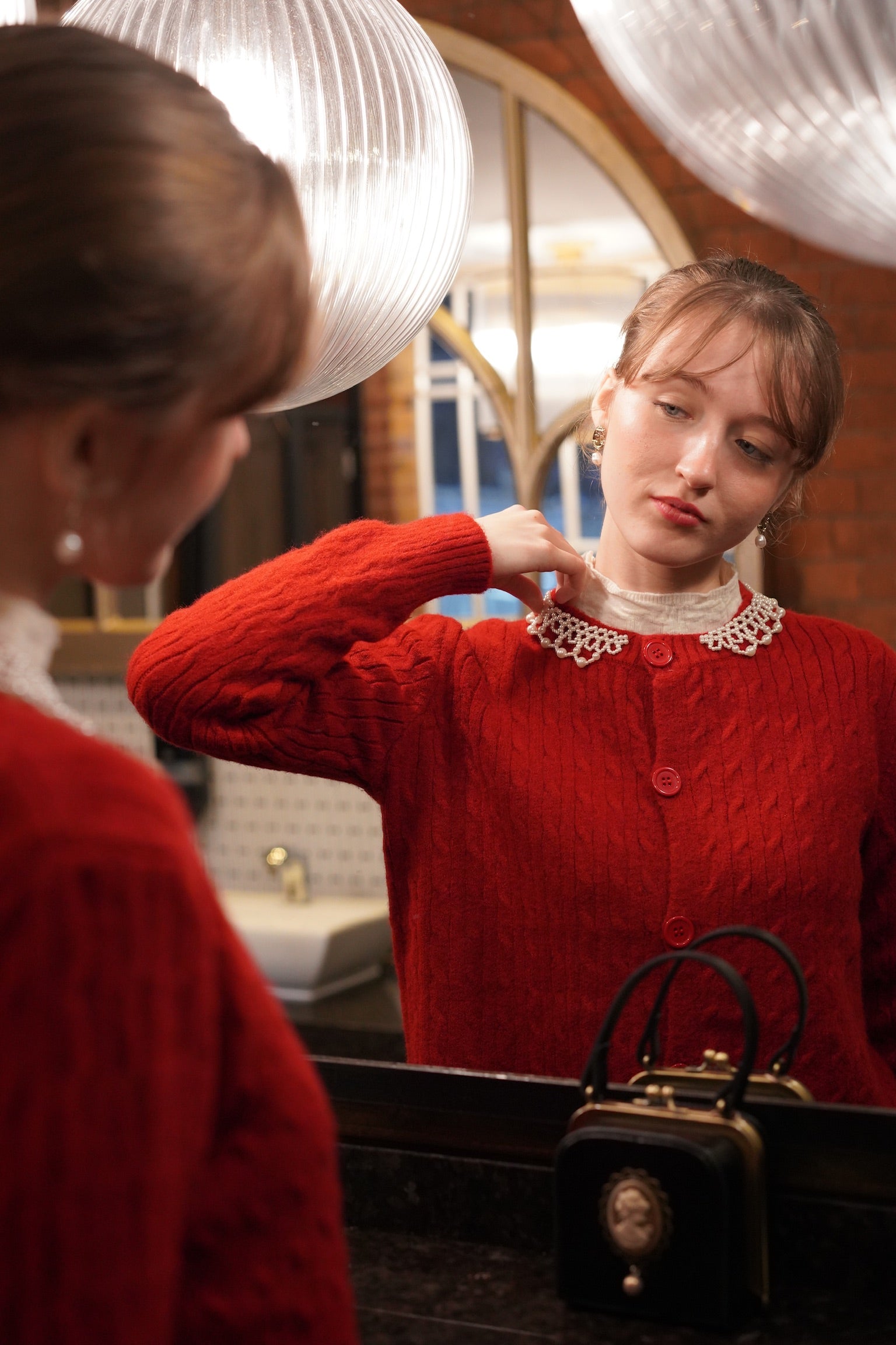 Lady Pearl Cable Cardigan (Berry Red)