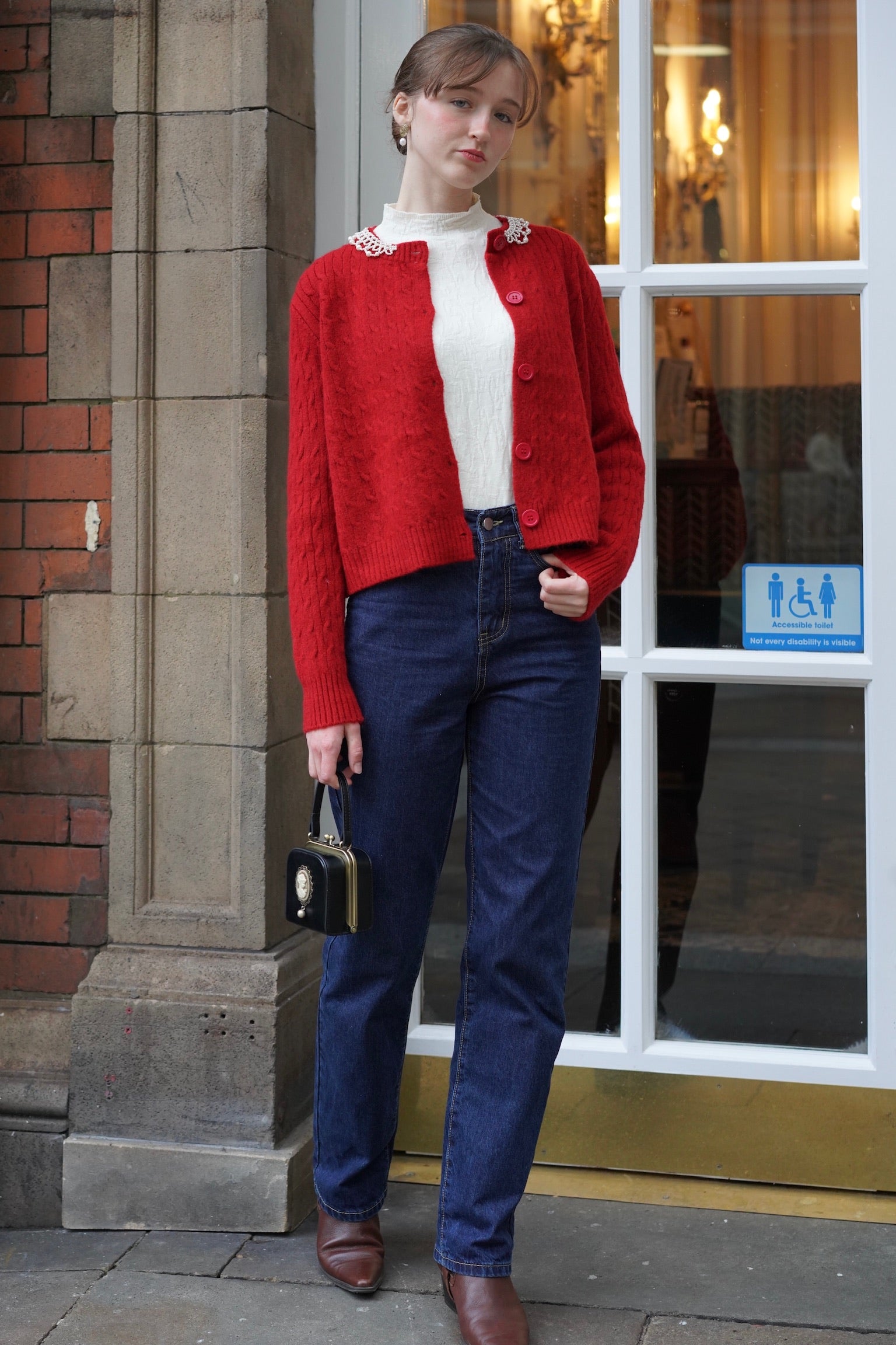 Lady Pearl Cable Cardigan (Berry Red)