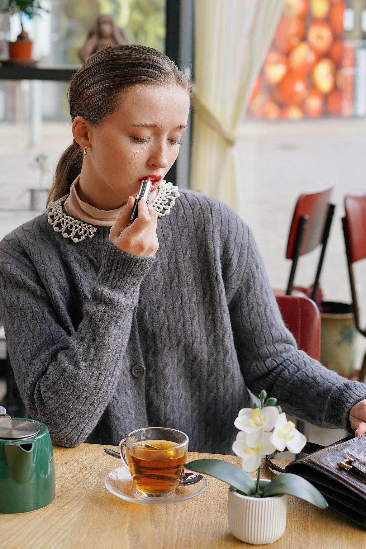 Lady Pearl Cable Cardigan (Grey)