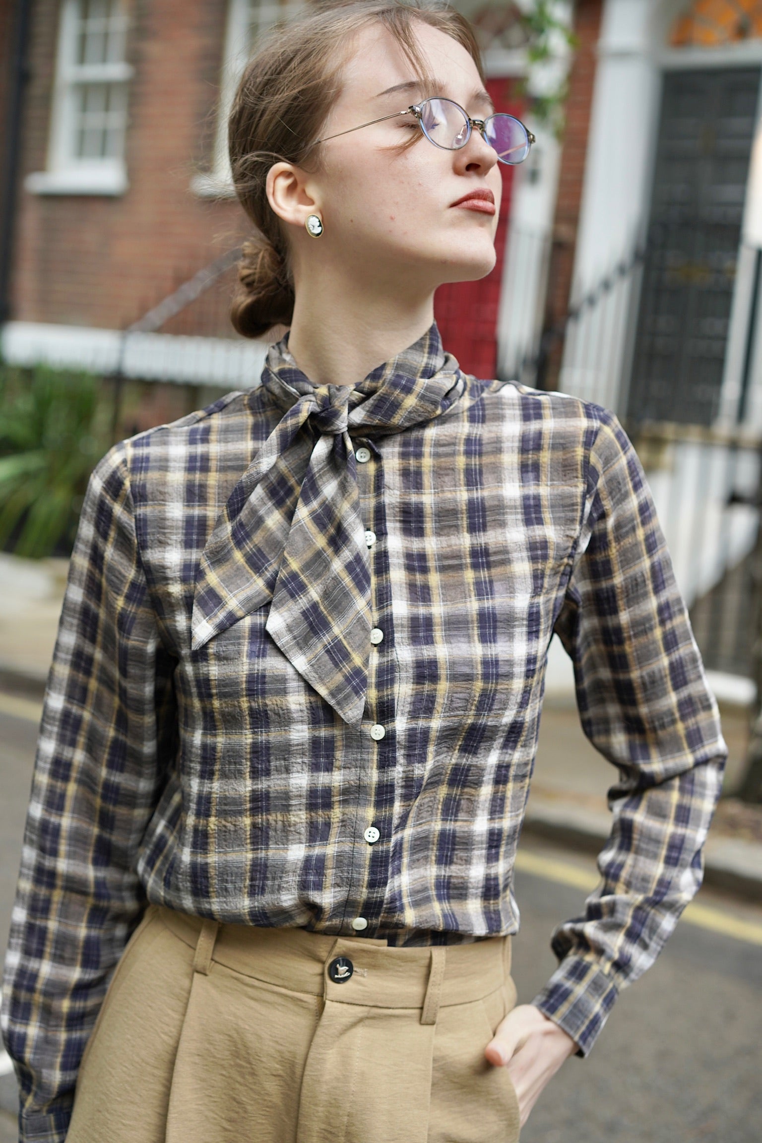 Library Walk Tie-Neck Plaid Shirt