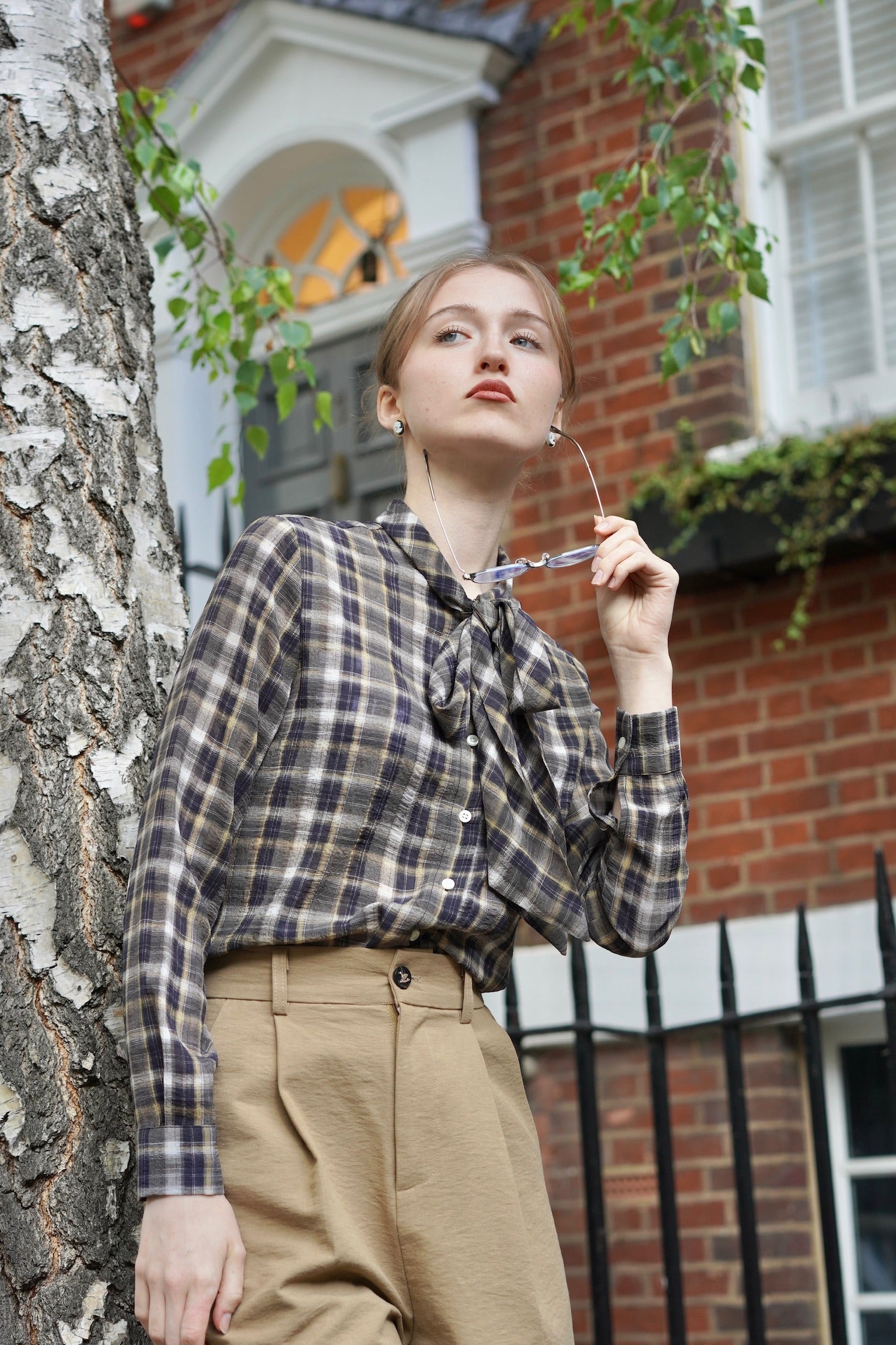 Library Walk Tie-Neck Plaid Shirt
