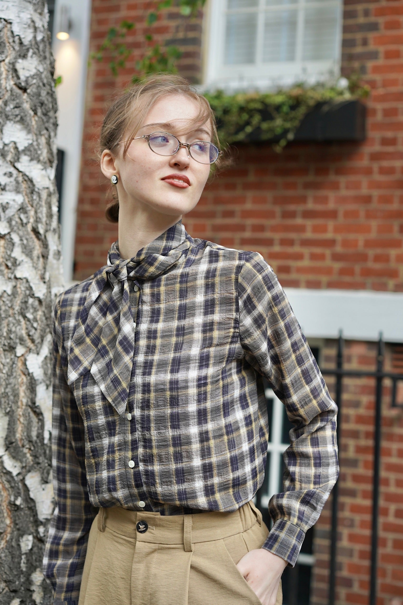 Library Walk Tie-Neck Plaid Shirt