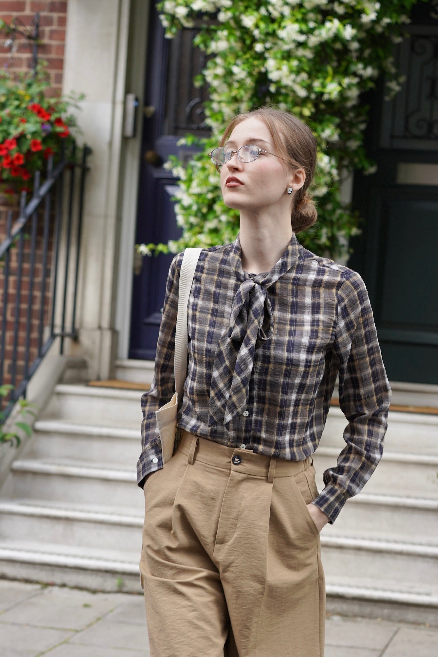 Library Walk Tie-Neck Plaid Shirt