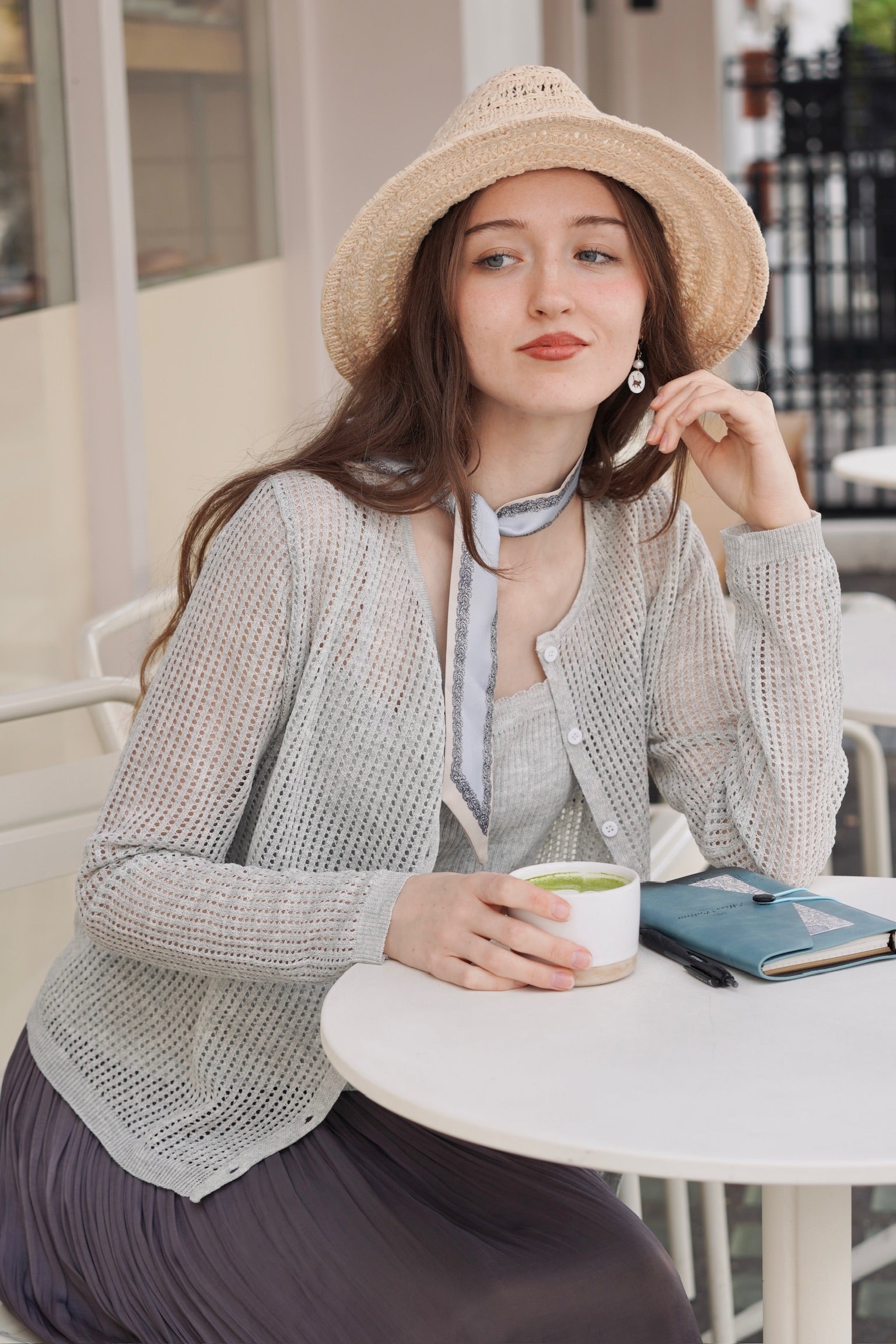 Linen-Mesh Summer Knit Set (Grey)