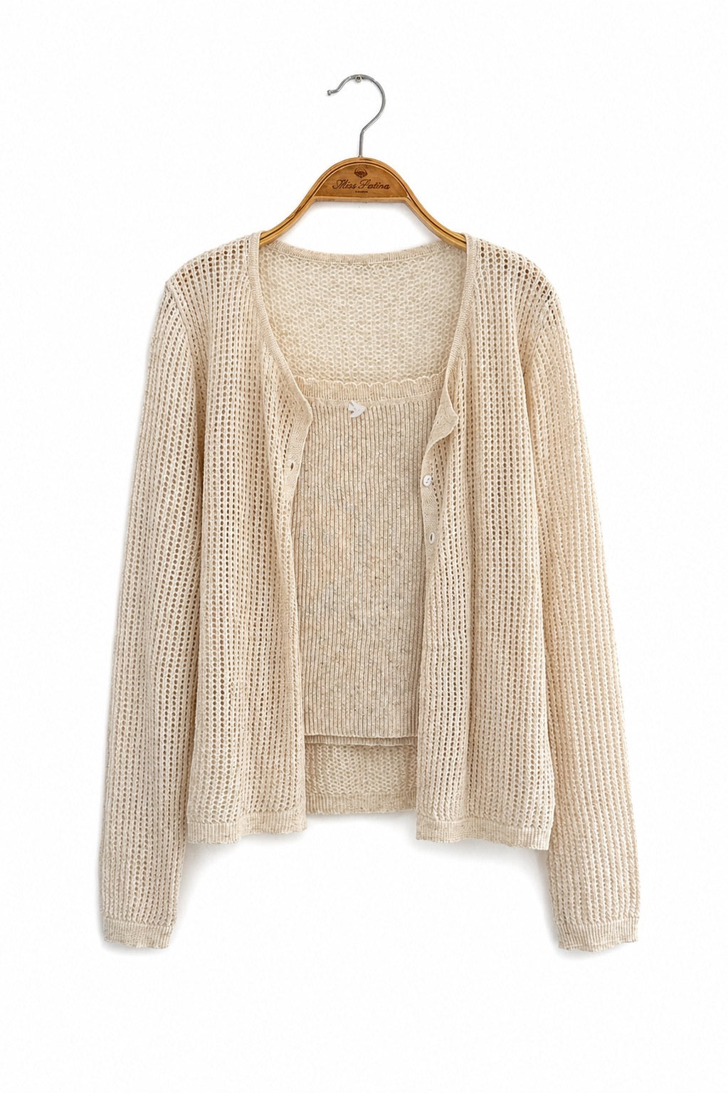 Linen-Mesh Summer Knit Set (Beige)