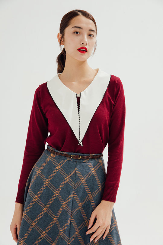 5398 Wine V Neck Shimmer Detailed Jumper