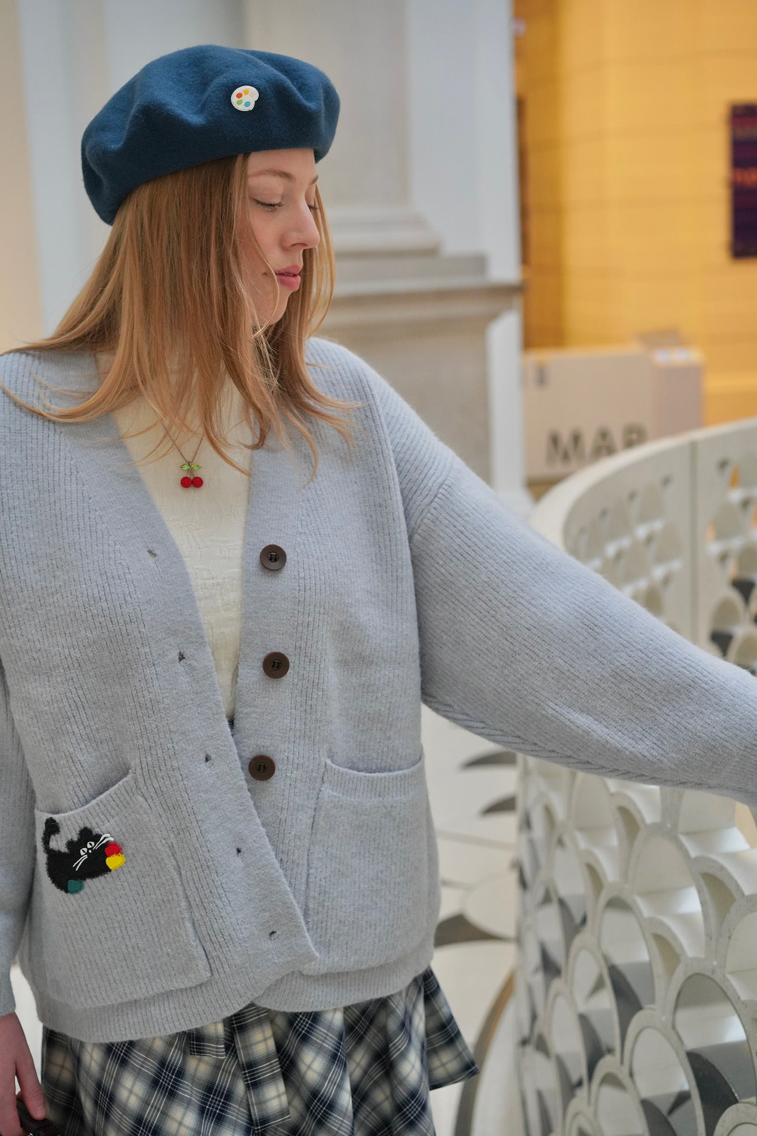 Oversized Kitty Love Cardigan (Soft Bluebell & Earthy Taupe)