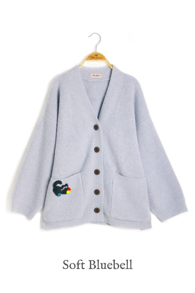 Oversized Kitty Love Cardigan (Soft Bluebell & Earthy Taupe)