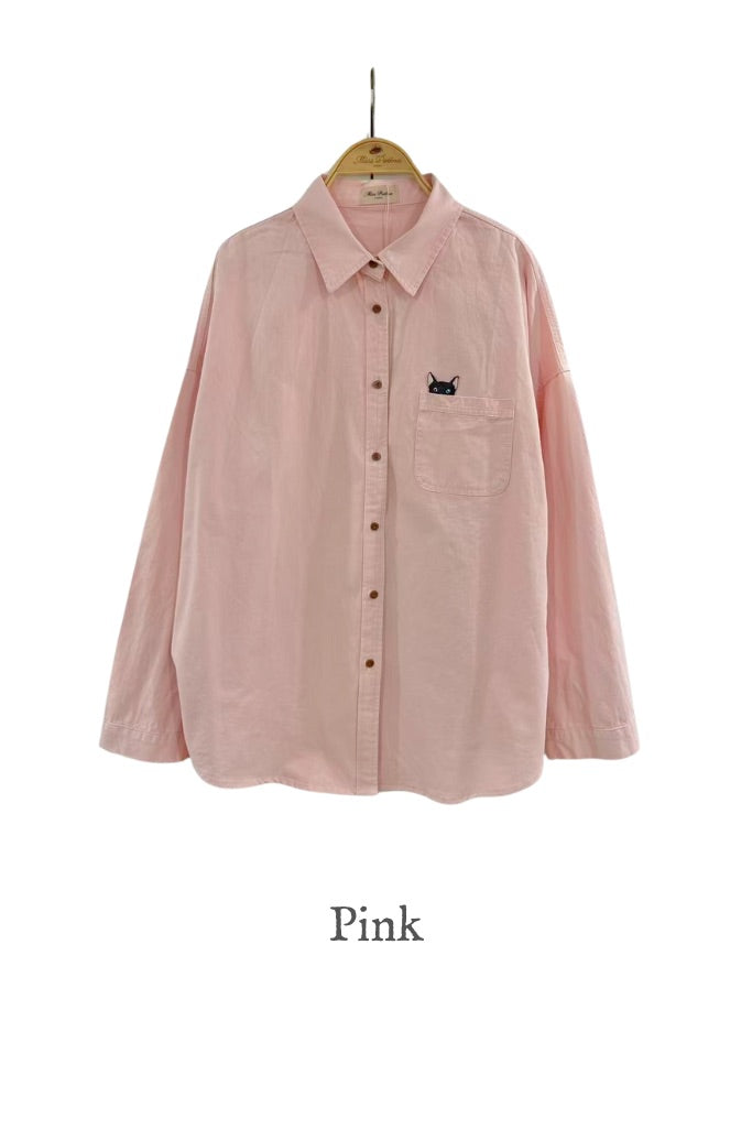 Peek-A-Kitty Relaxed Cotton Shirt (Pink)