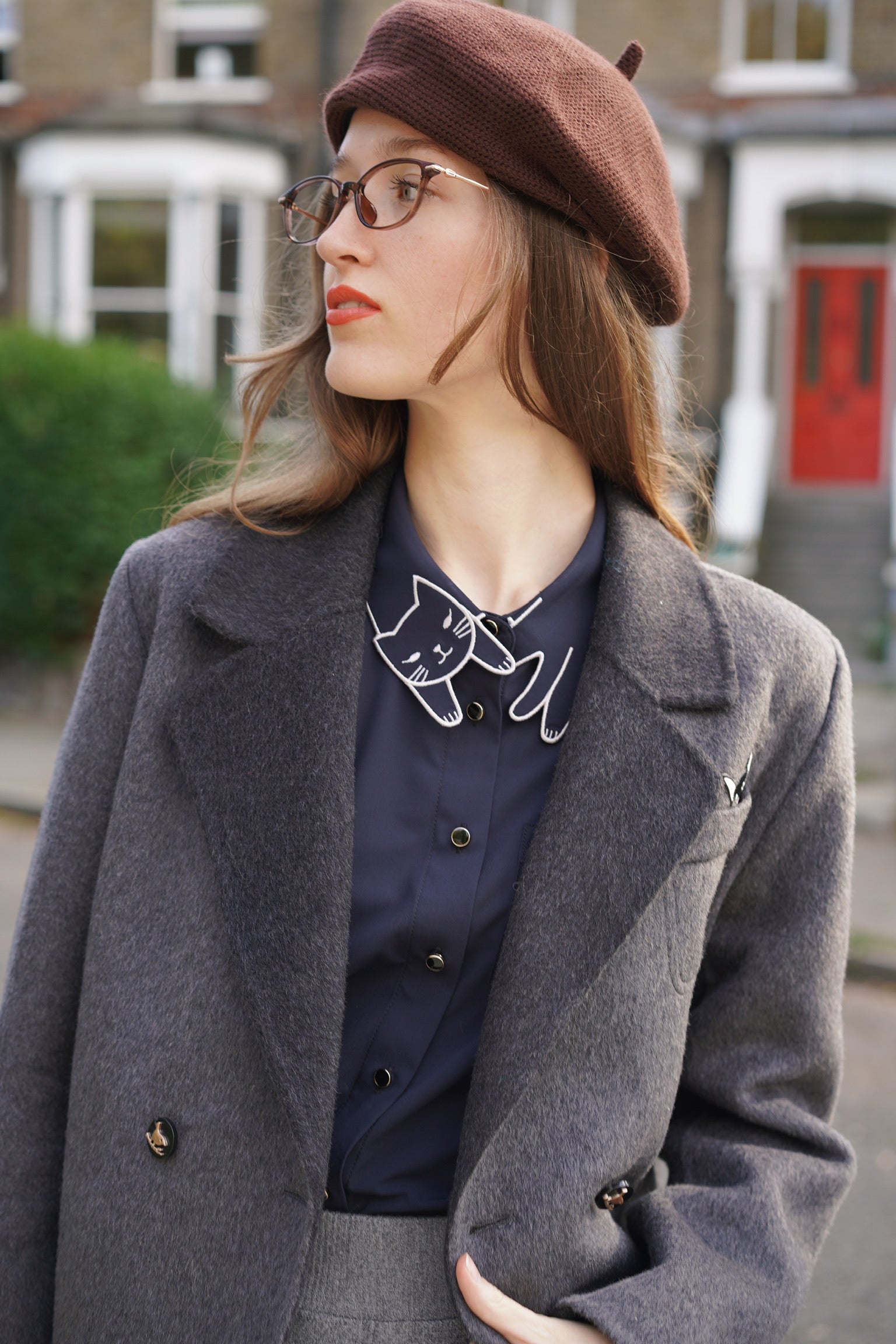 Peekaboo Cat Wool Blazer (Oxford Grey）
