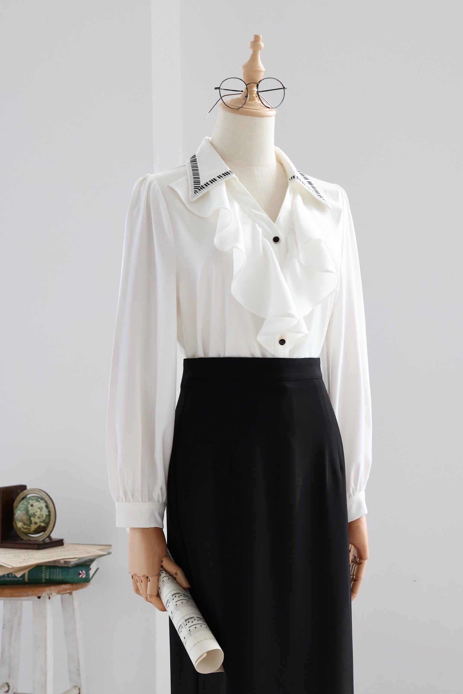 Piano Collar Ruffled Blouse