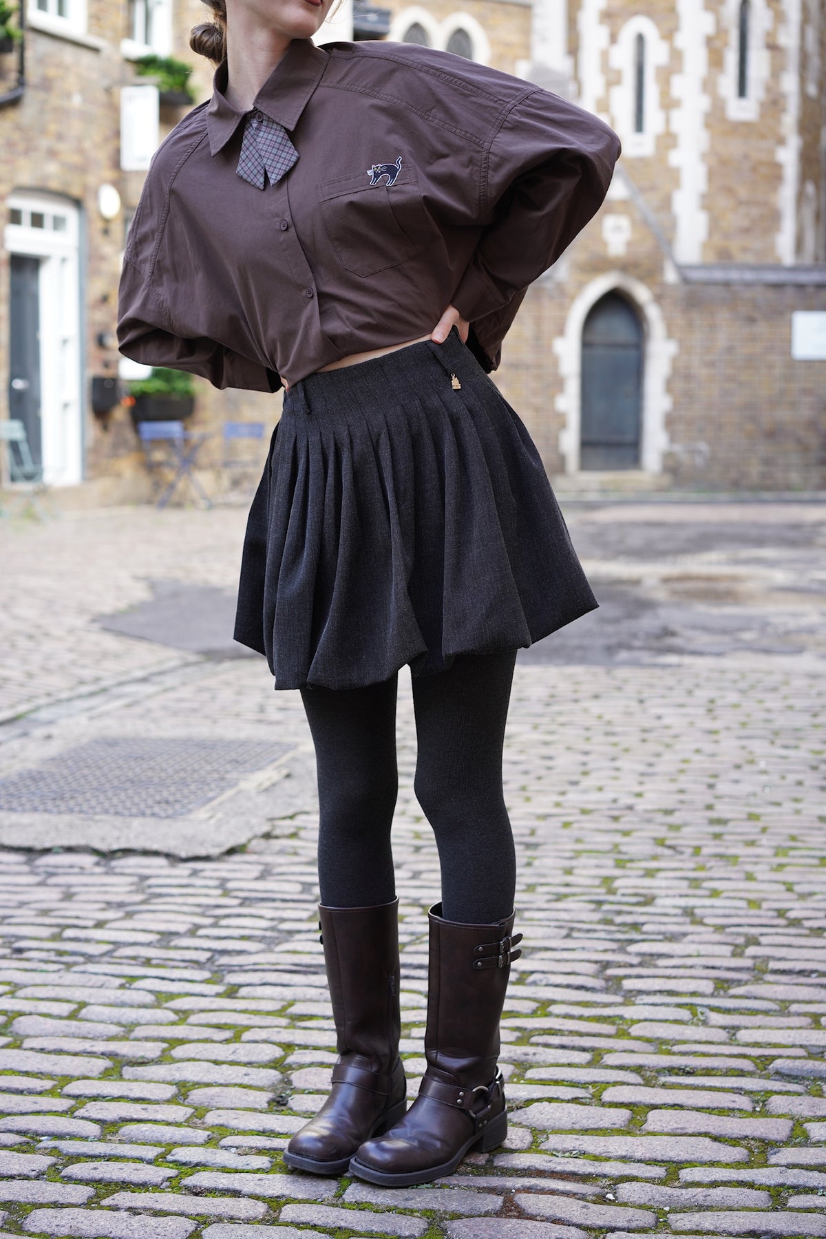 Pleated Bubble-Hem Mini Skirt (Charcoal Grey)