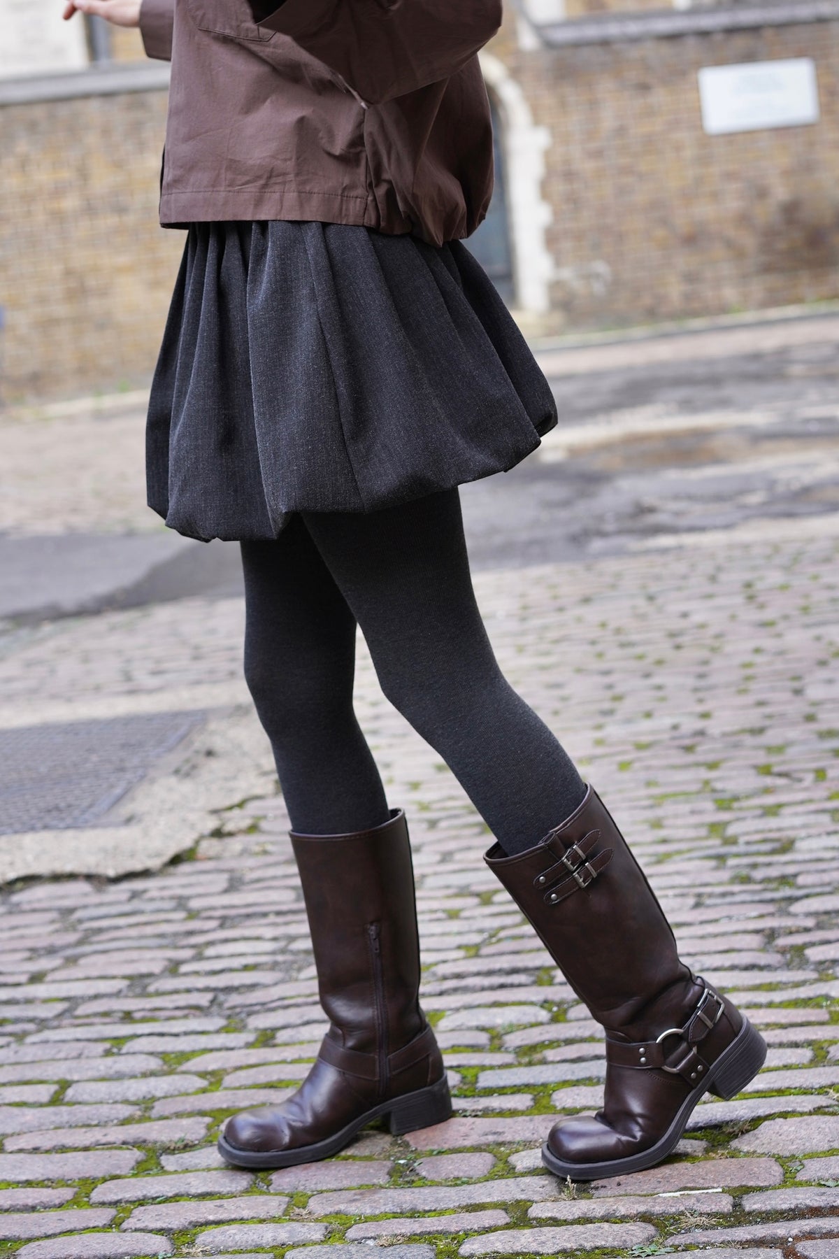 Pleated Bubble-Hem Mini Skirt (Charcoal Grey)