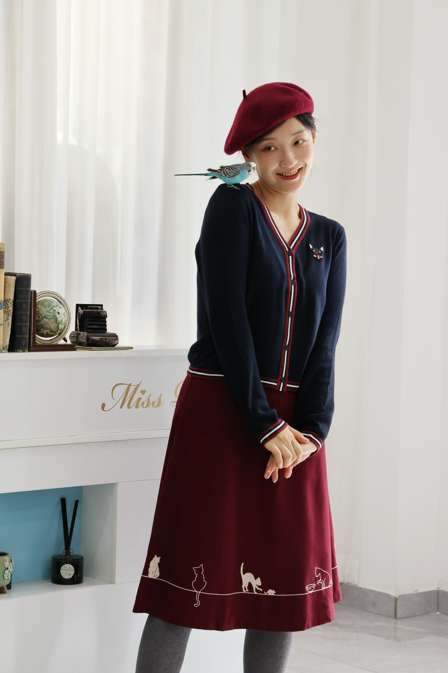 Preppy Cat Lightweight Cardigan (Navy)