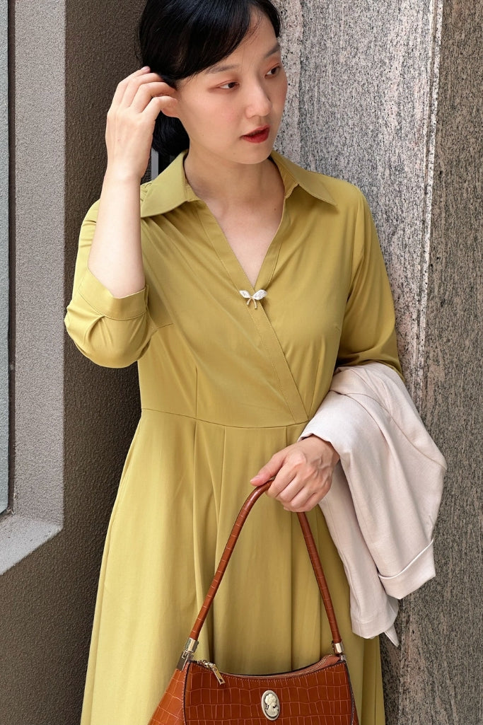 Retro Kelly Midi Dress  (Olive Yellow)