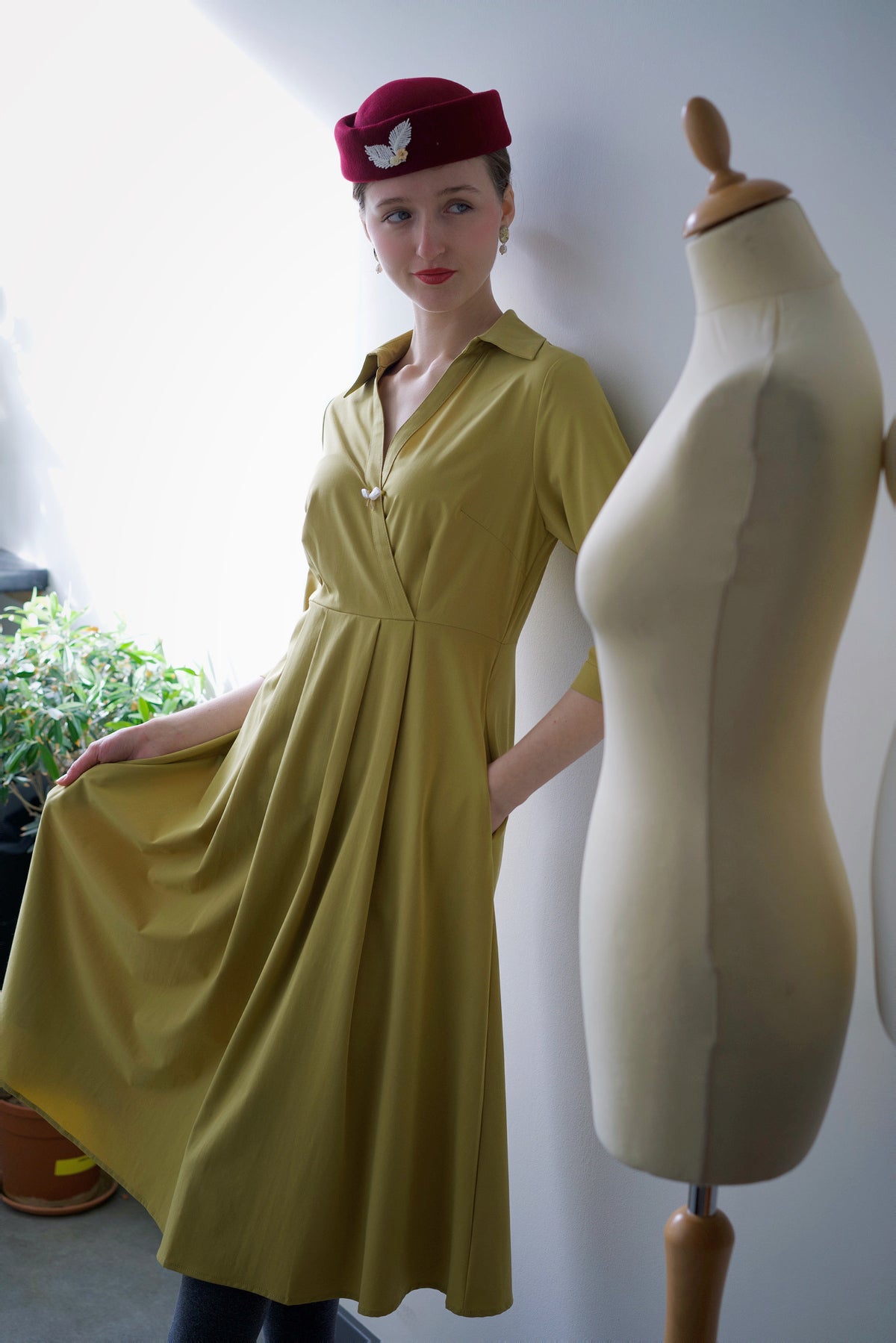 Retro Kelly Midi Dress  (Olive Yellow)