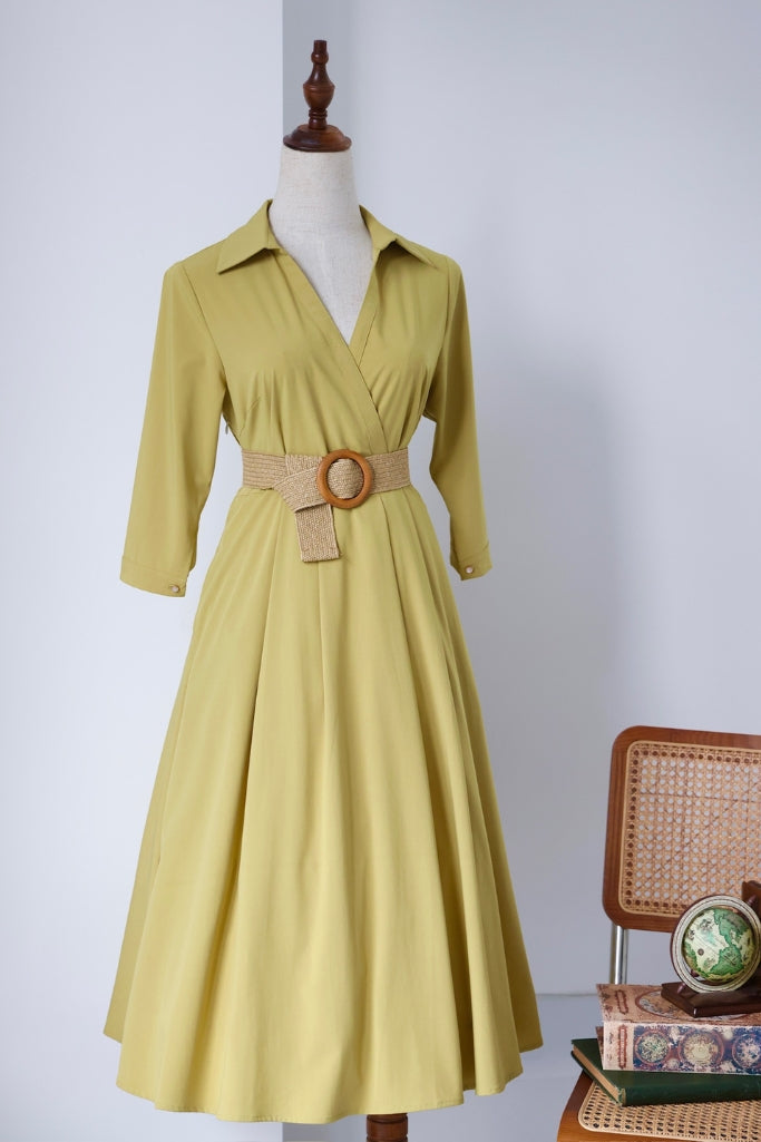 Retro Kelly Midi Dress  (Olive Yellow)