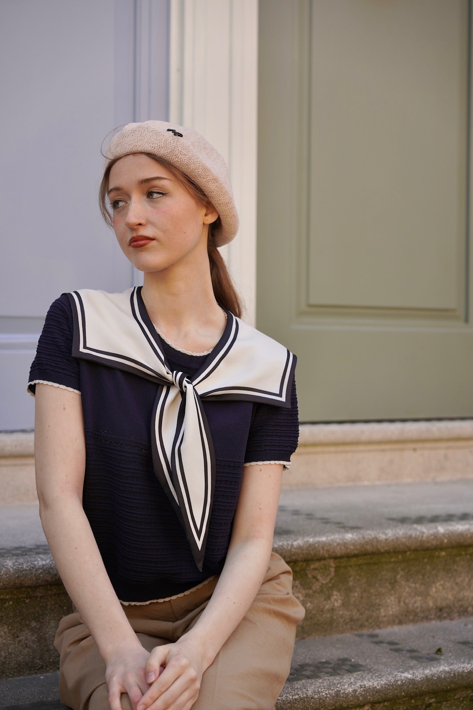 Sailor Collar Pointelle Top (Navy)