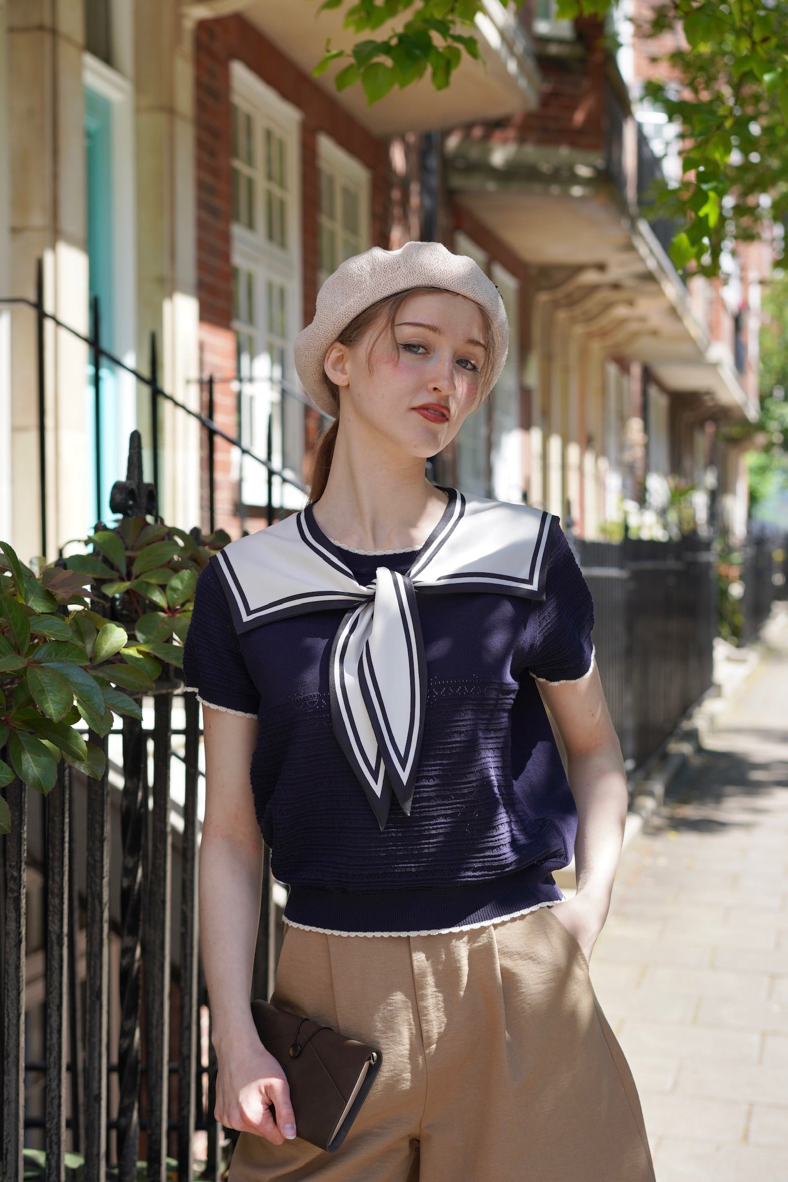 Sailor Collar Pointelle Top (Navy)