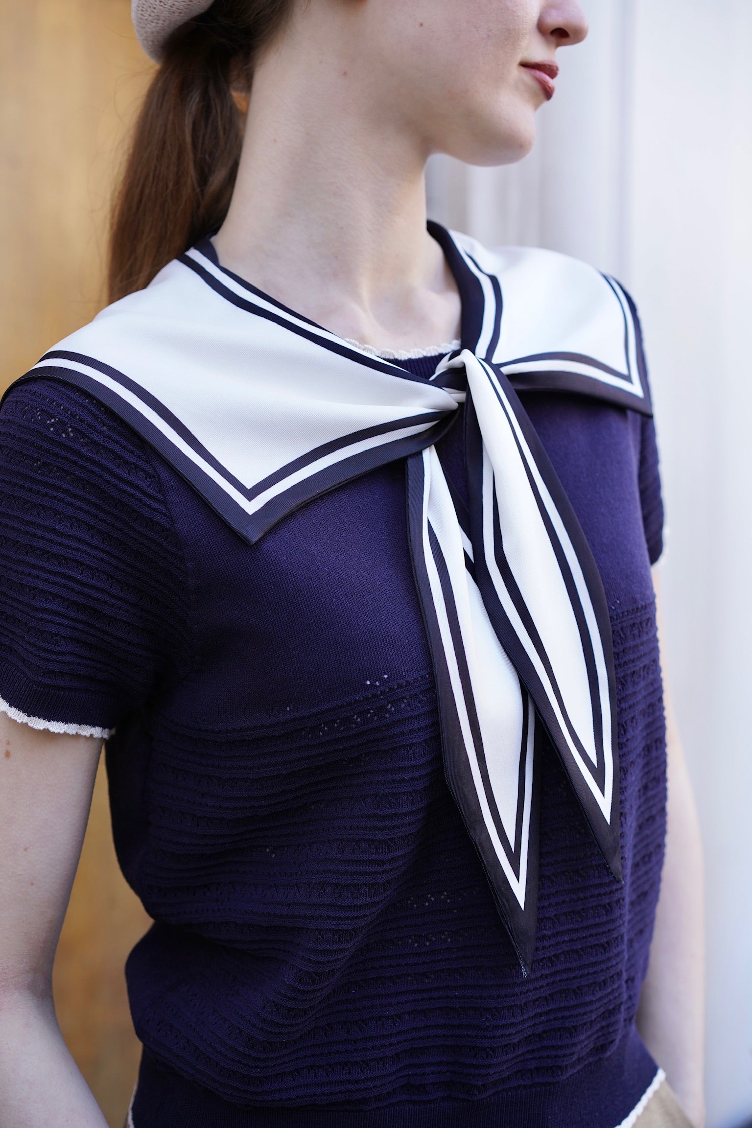 Sailor Collar Pointelle Top (Navy)