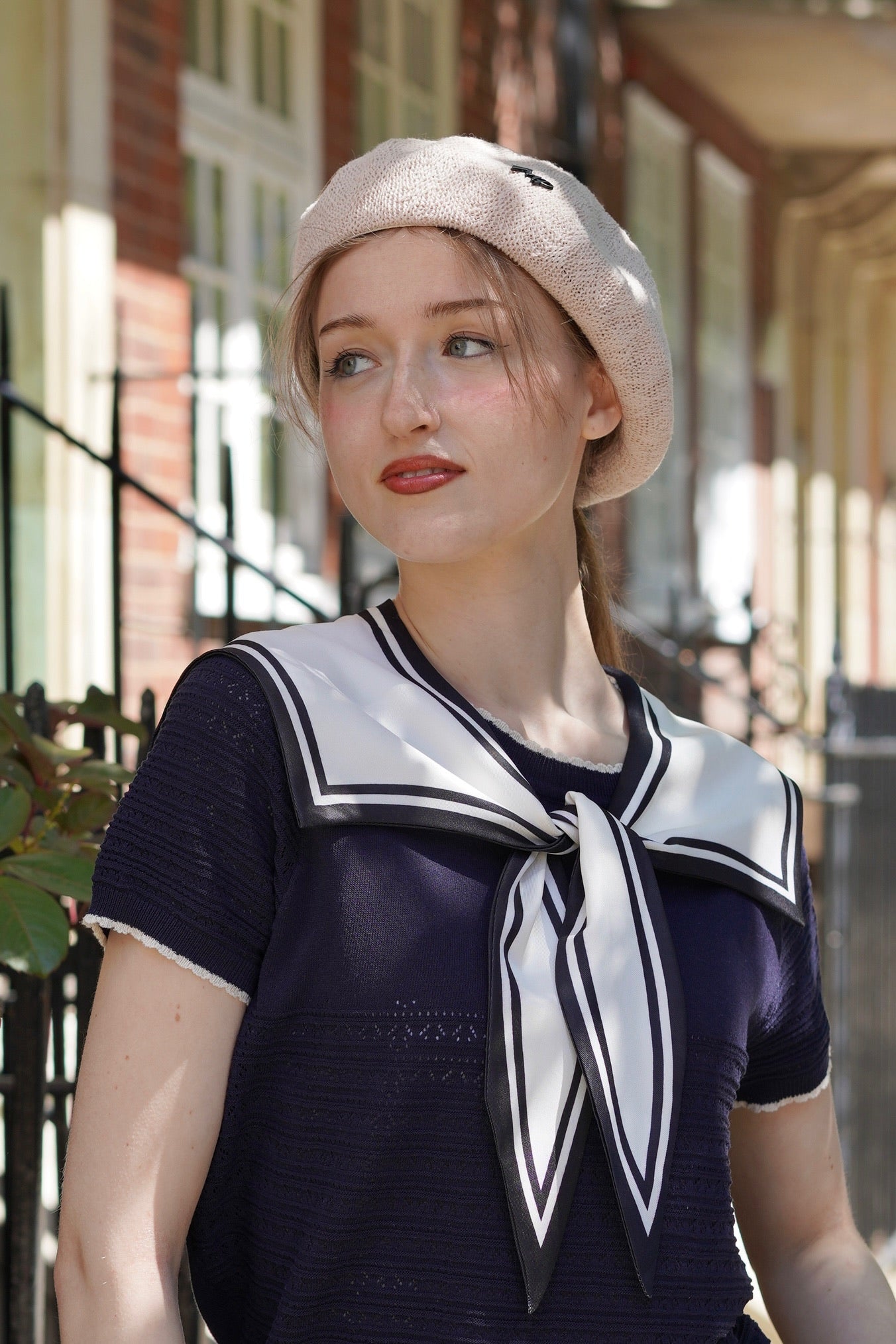 Sailor Collar Pointelle Top (Navy)