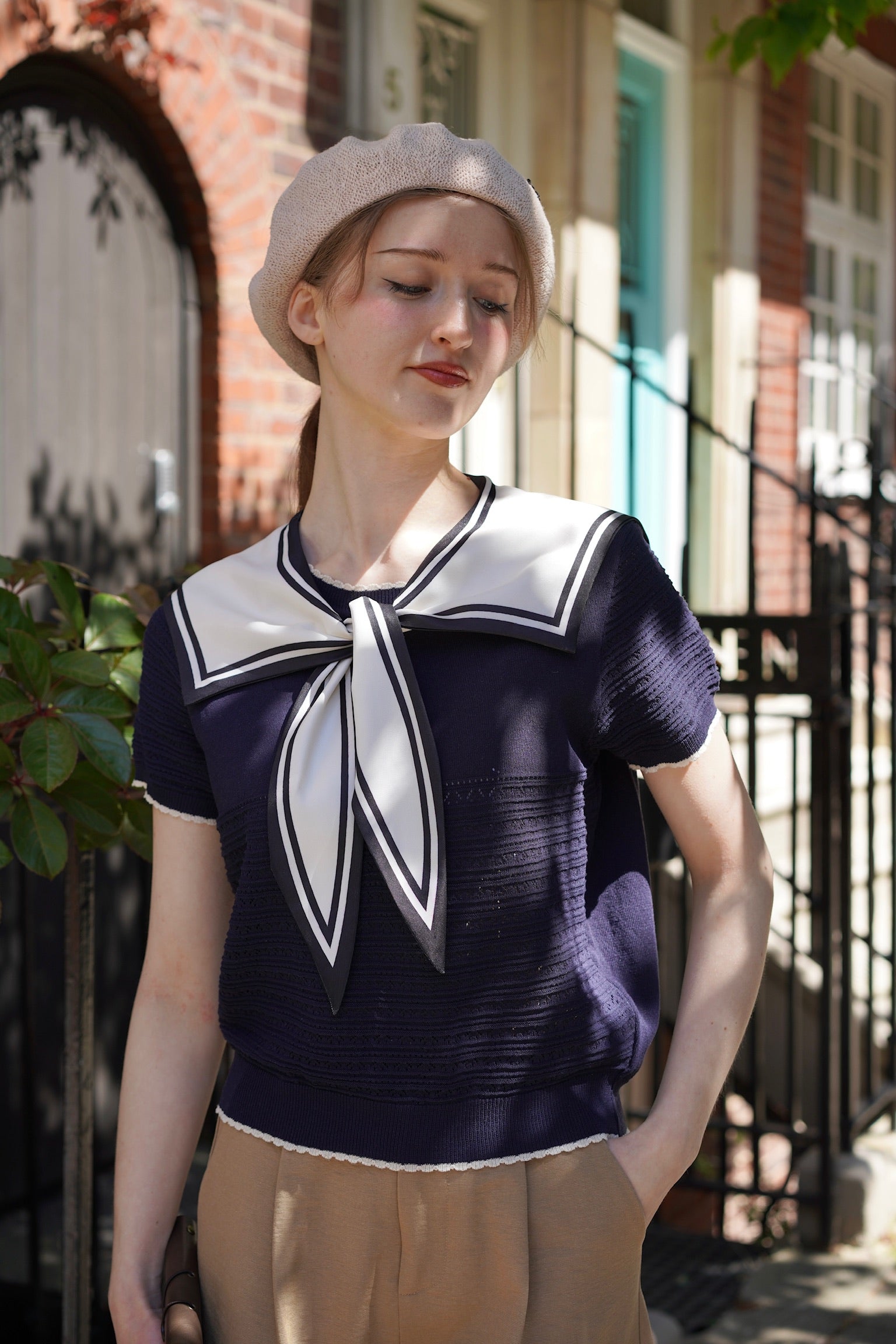 Sailor Collar Pointelle Top (Navy)