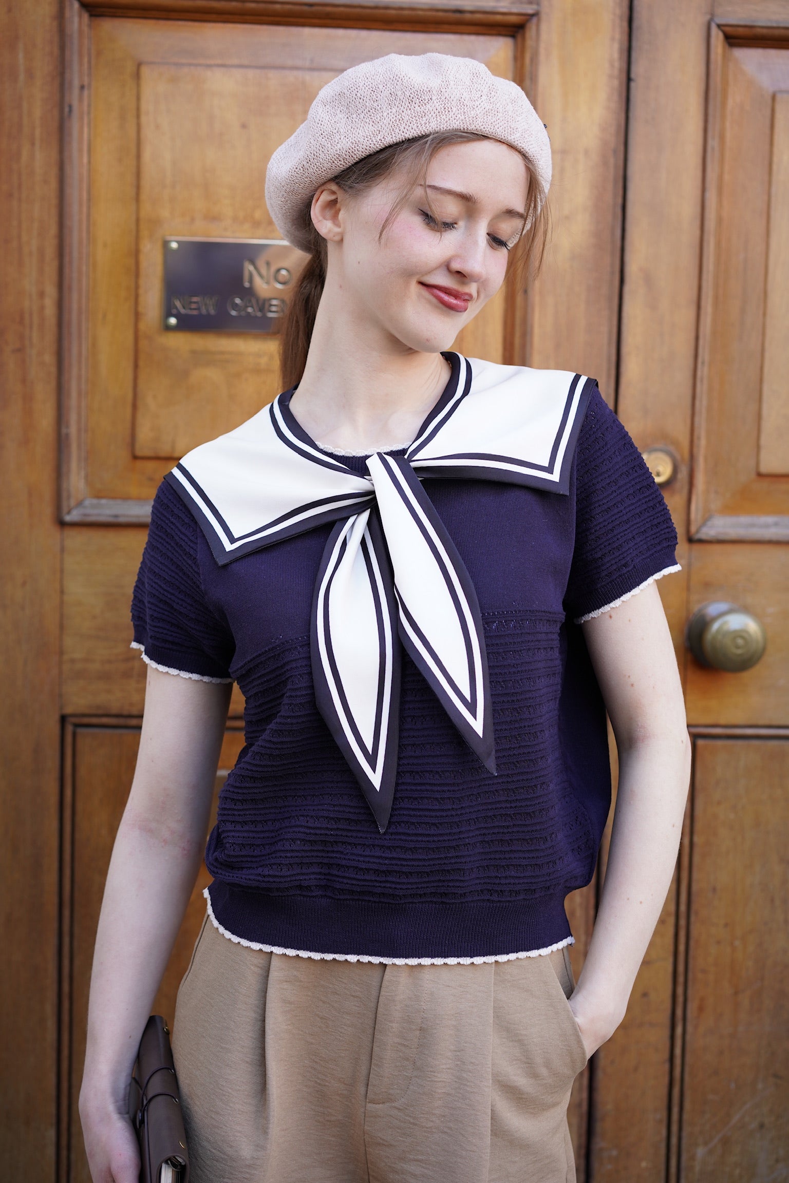 Sailor Collar Pointelle Top (Navy)
