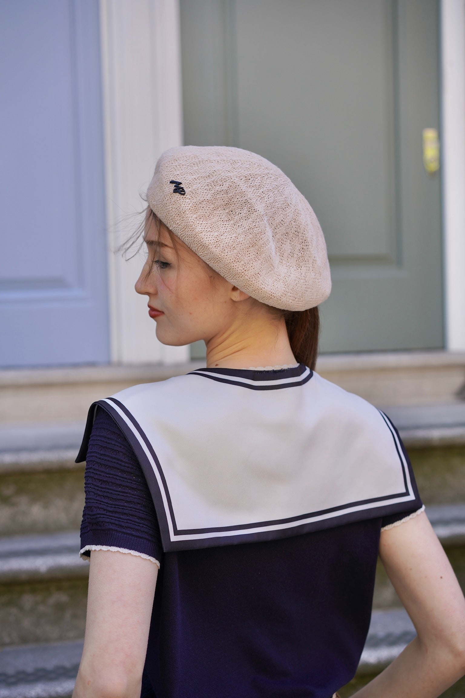 Sailor Collar Pointelle Top (Navy)