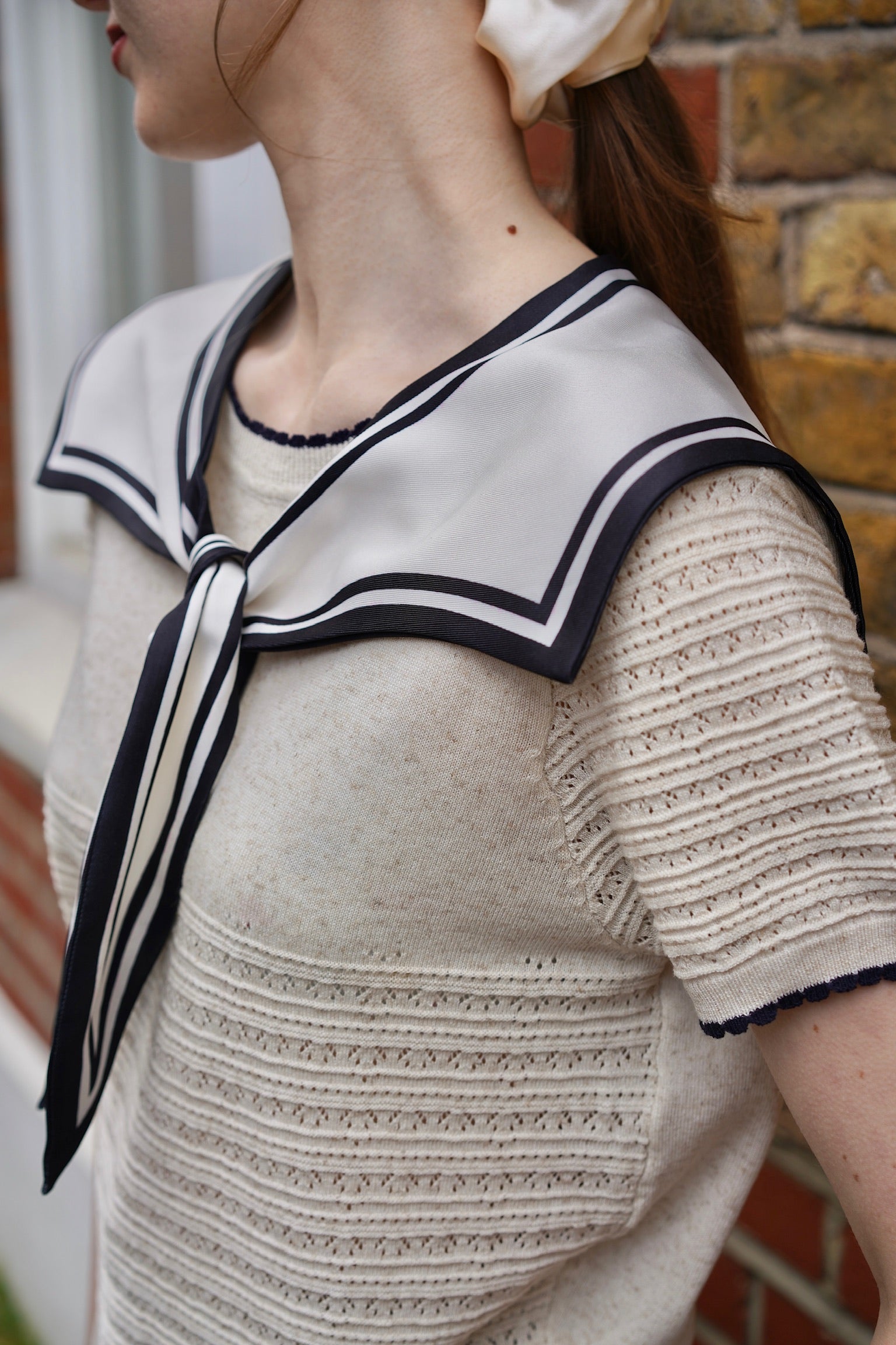 Sailor Collar Pointelle Top (Oatmeal)