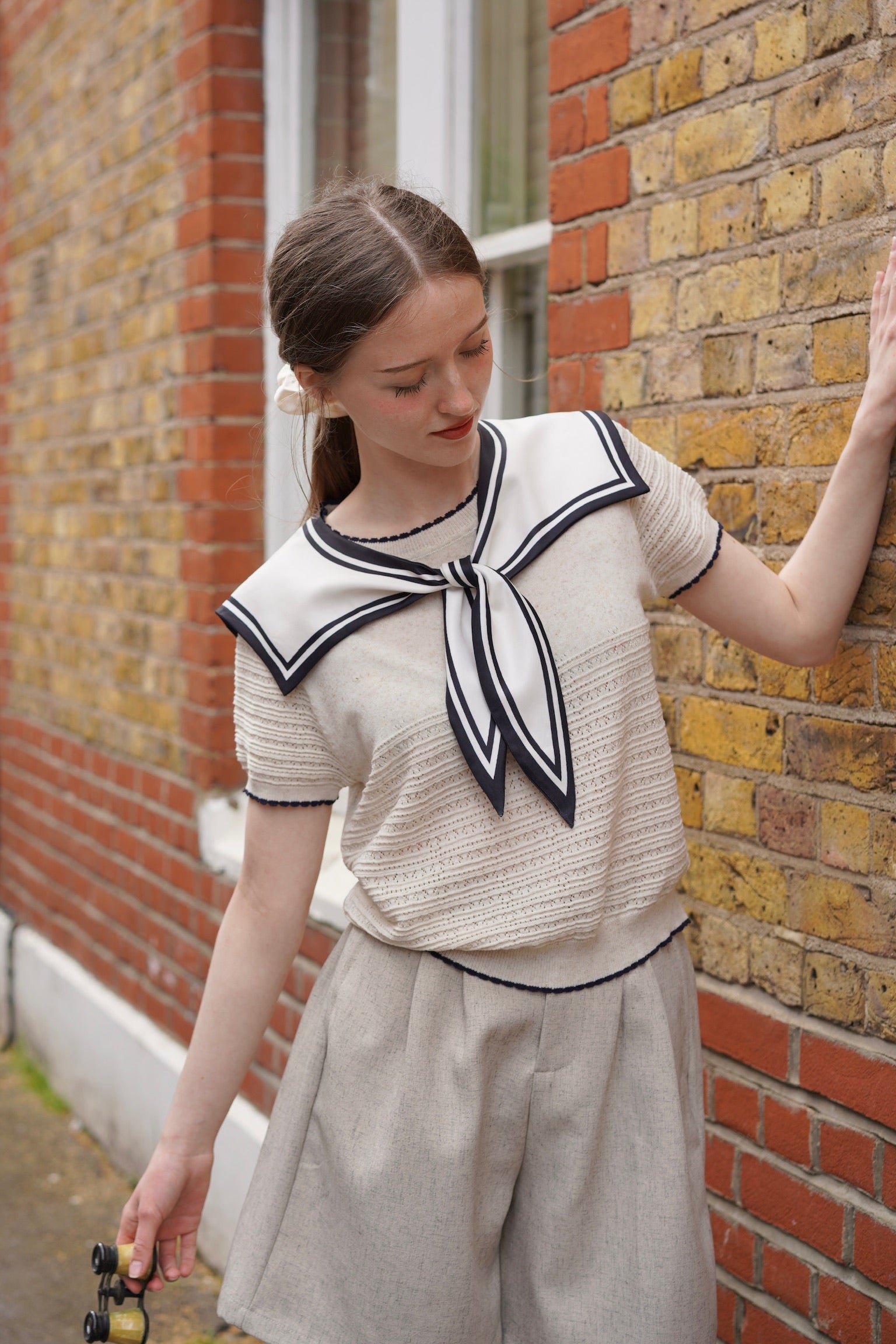 Sailor Collar Pointelle Top (Oatmeal)
