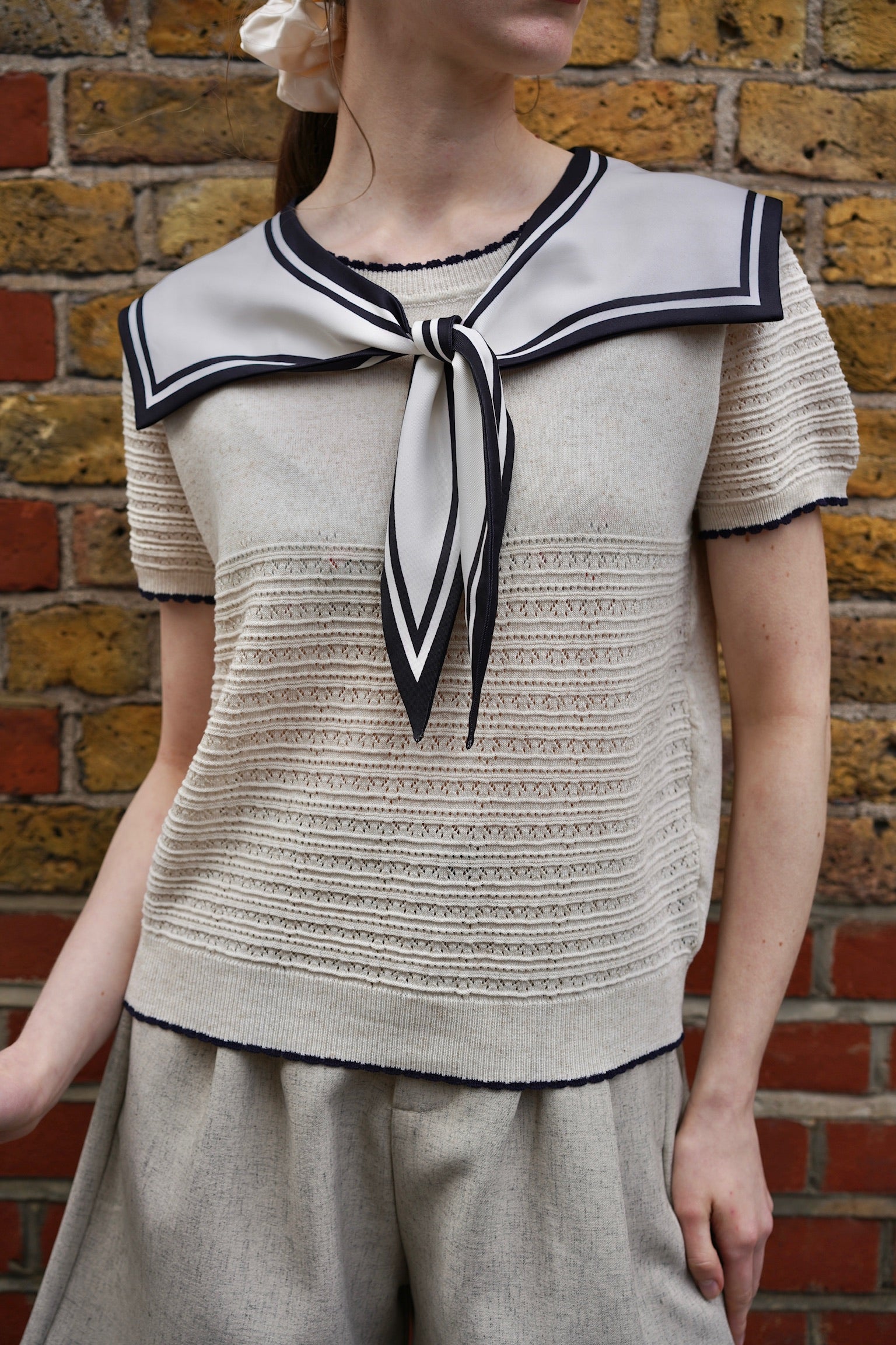 Sailor Collar Pointelle Top (Oatmeal)