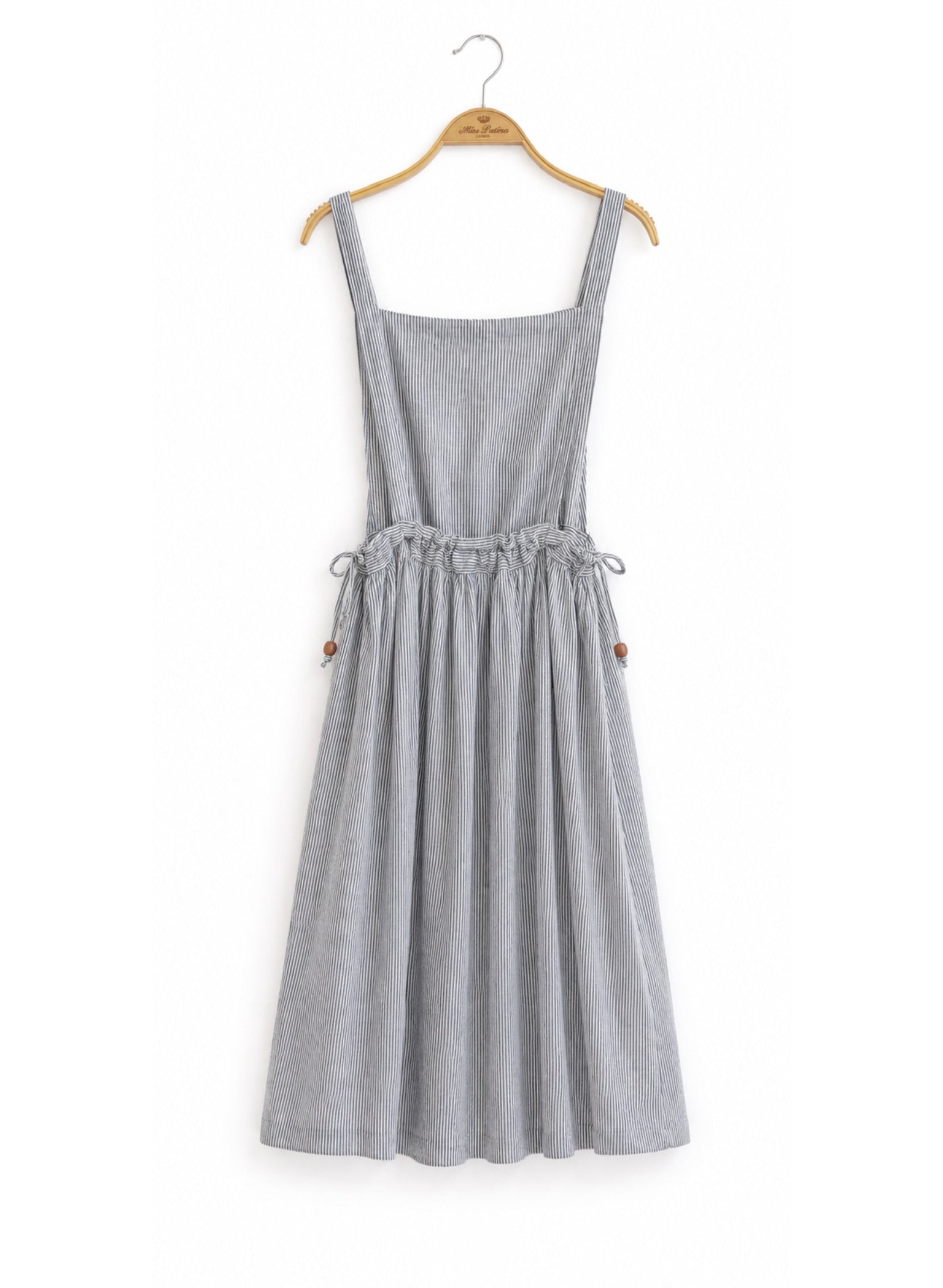 Tea Time Apron-Strap Linen Dress (Pinstripe）