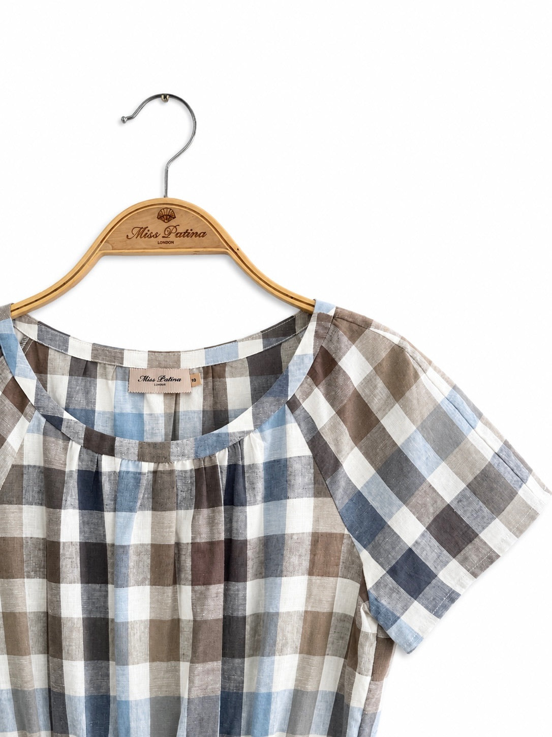 Vintage Check Linen Blend Midi Dress with Cat Lace Hem
