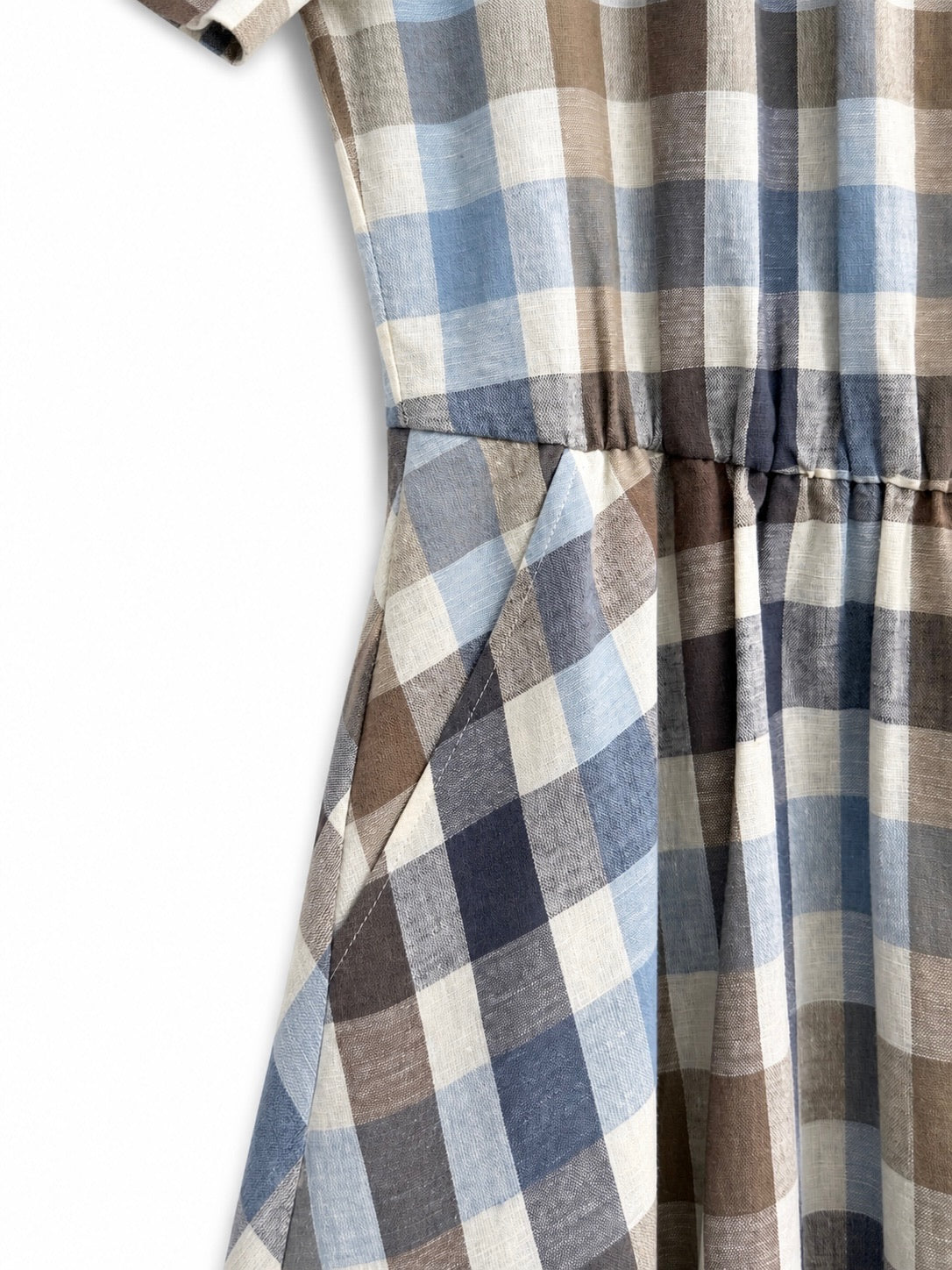 Vintage Check Linen Blend Midi Dress with Cat Lace Hem